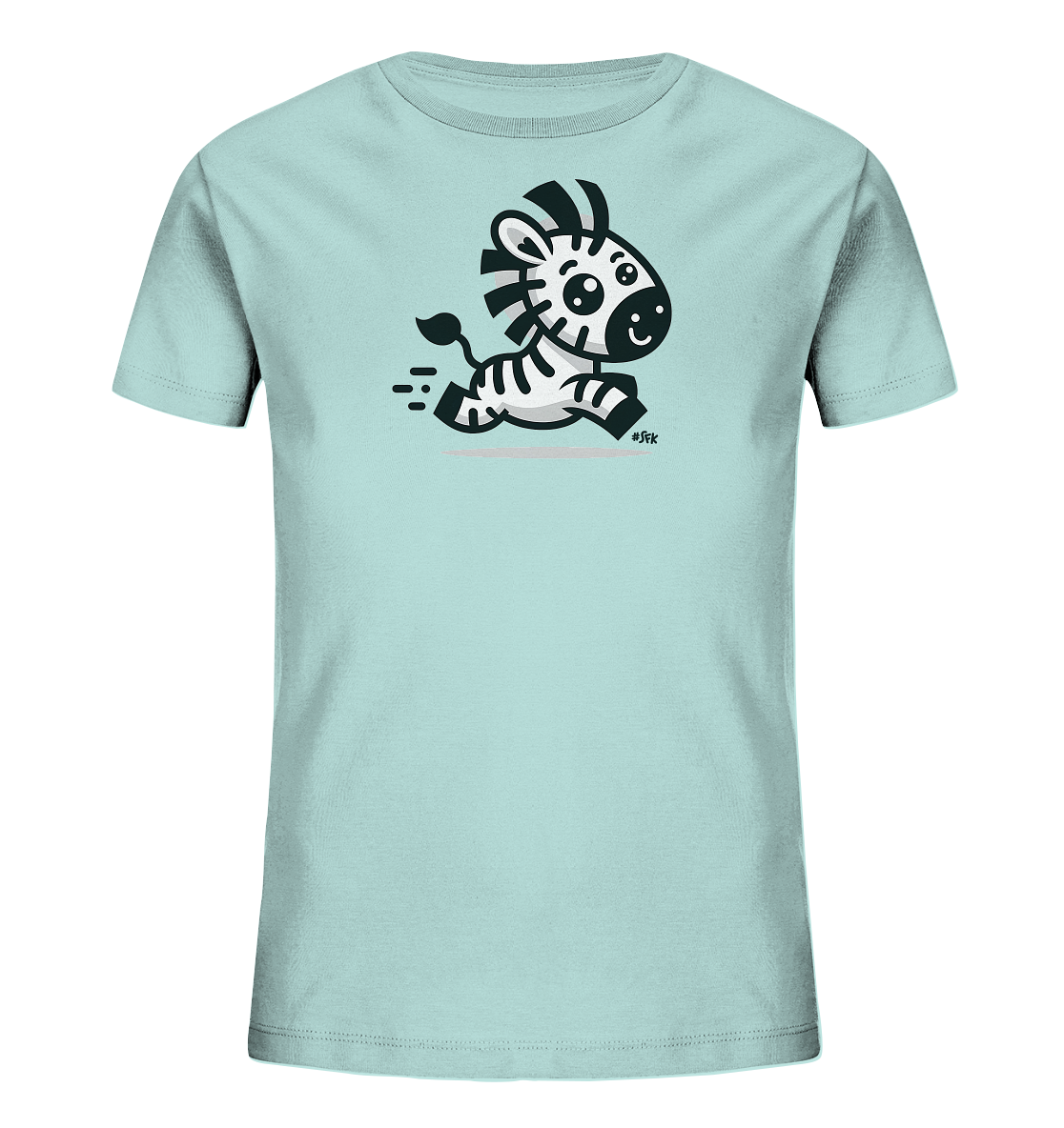 Onlineshop Shirts fuer Kinder - Dieses hellblaue T-Shirt fuer Kinder zeigt ein niedliches Zeichentrick-Zebra auf der Vorderseite. Das Zebra rennt mit einem gluecklichen Ausdruck, mit Linien, die seine Geschwindigkeit andeuten. Das Design ist verspielt und ideal fuer Kinder, die Tiere lieben.