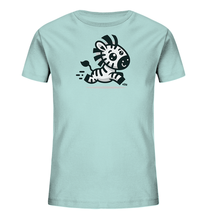 Onlineshop Shirts fuer Kinder - Dieses hellblaue T-Shirt fuer Kinder zeigt ein niedliches Zeichentrick-Zebra auf der Vorderseite. Das Zebra rennt mit einem gluecklichen Ausdruck, mit Linien, die seine Geschwindigkeit andeuten. Das Design ist verspielt und ideal fuer Kinder, die Tiere lieben.