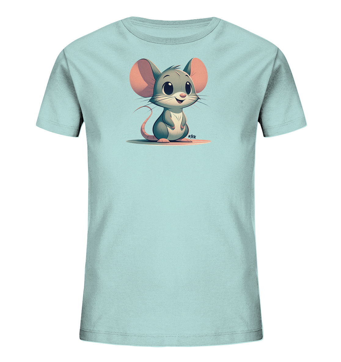 Onlineshop Shirts fuer Kinder - Das Bild zeigt ein hellblaues T-Shirt mit einer niedlichen, gezeichneten Maus auf der Vorderseite. Die Maus hat grosse rosa Ohren, graues Fell und einen freundlichen Ausdruck. Sie sitzt aufrecht und schaut nach vorne. Das Design wirkt verspielt und ansprechend.