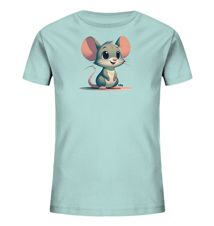 Onlineshop Shirts fuer Kinder - Das Bild zeigt ein hellblaues T-Shirt mit einer niedlichen, gezeichneten Maus auf der Vorderseite. Die Maus hat grosse rosa Ohren, graues Fell und einen freundlichen Ausdruck. Sie sitzt aufrecht und schaut nach vorne. Das Design wirkt verspielt und ansprechend.
