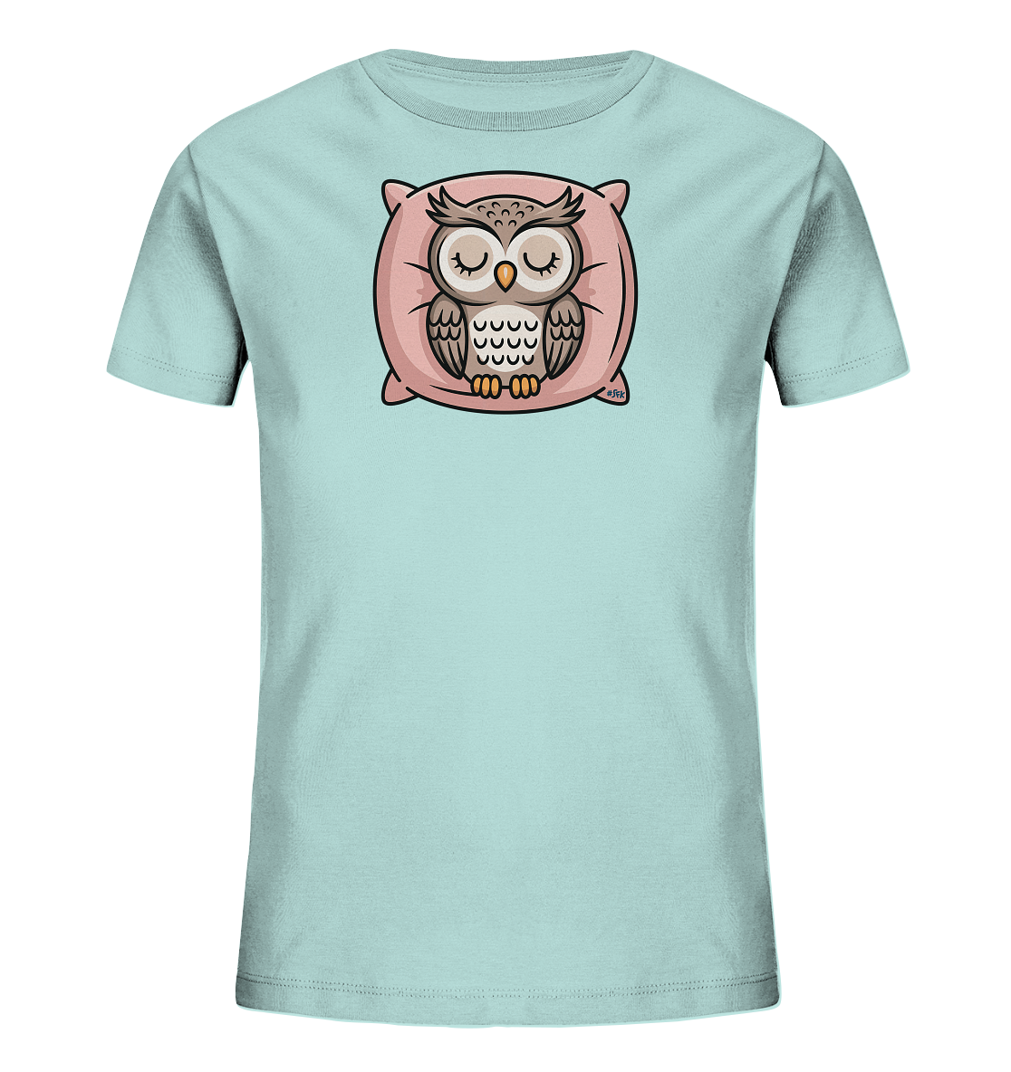 Kinder-T-Shirt mit Eule, die auf einem rosa Kissen schläft.