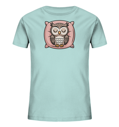 Kinder-T-Shirt mit Eule, die auf einem rosa Kissen schläft.