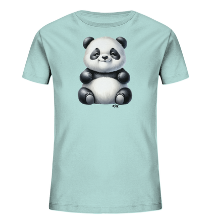 Kinder T-Shirt mit ein sitzender Panda mit schwarz-weißem Fell und freundlichem Lächeln