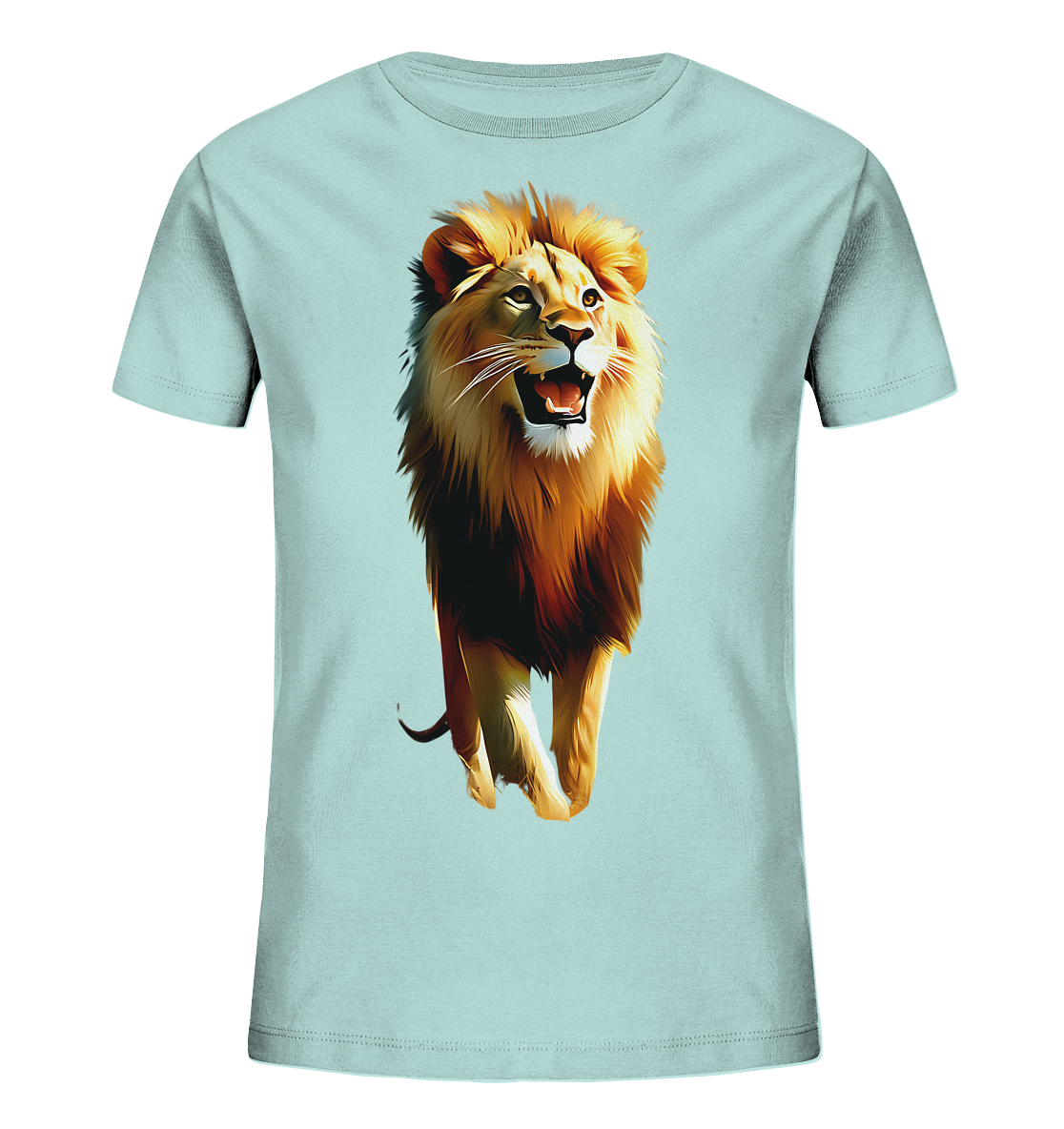 Onlineshop Shirts fuer Kinder - Das Bild zeigt ein hellblaues Kinder T-Shirt mit einem grossen, detailreichen Druck eines Loewen auf der Vorderseite. Der Loewe ist in einer dynamischen Pose dargestellt, mit offenem Maul und Blick nach oben. Die Illustration verwendet warme, kraeftige Farben fuer das Fell und die Maehne, was dem Motiv eine lebendige Ausstrahlung verleiht.
