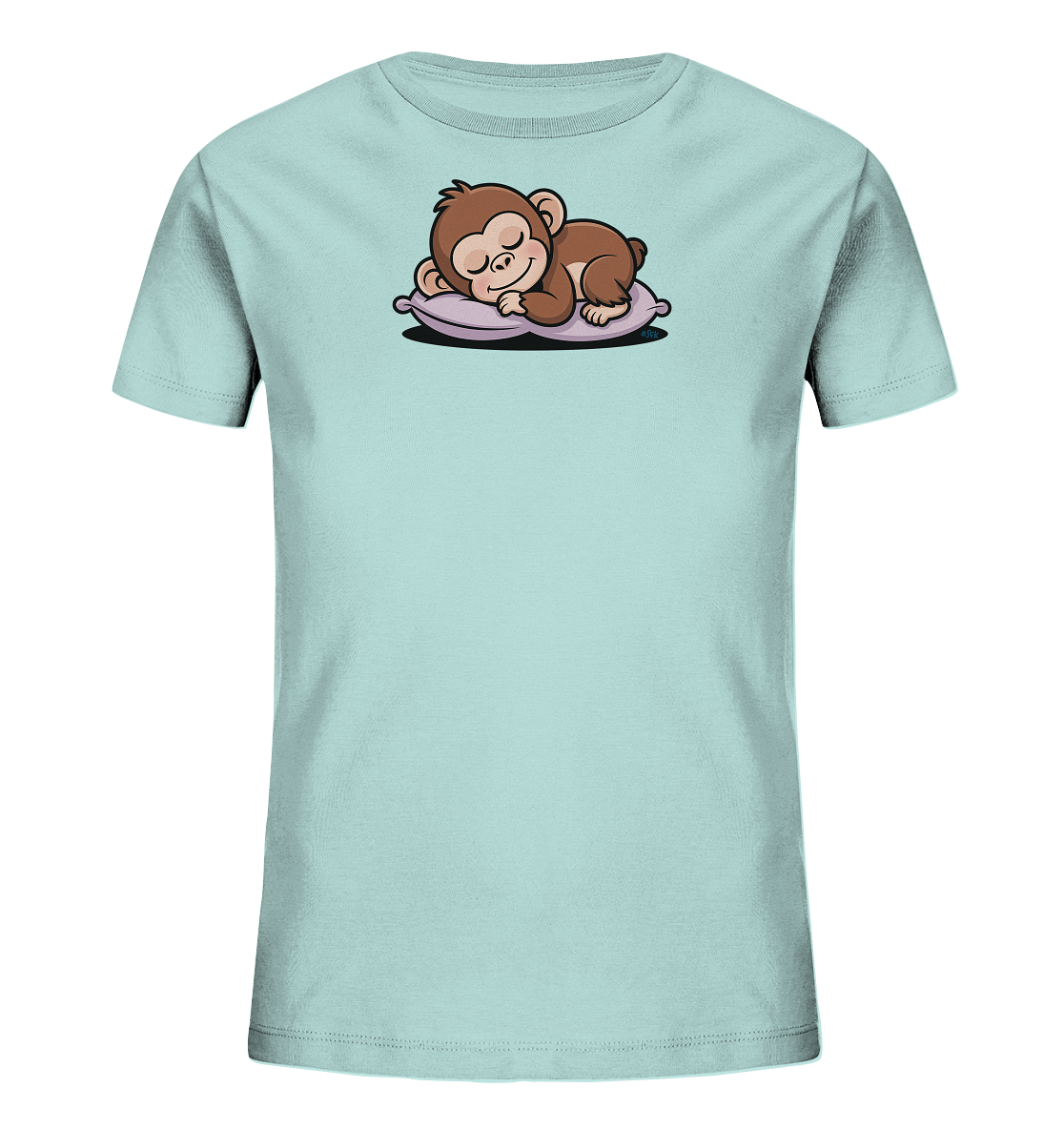Onlineshop Shirts fuer Kinder - Das Bild zeigt ein hellblaues Kinder-T-Shirt mit einem niedlichen Motiv eines schlafenden Äffchens. Das braune Äffchen liegt friedlich auf einem lilafarbenen Kissen, die Augen geschlossen. Das Design wirkt beruhigend und ist ideal fuer kleine Kinder. Das T-Shirt ist glatt und faltenfrei auf einem dunklen Hintergrund abgebildet.