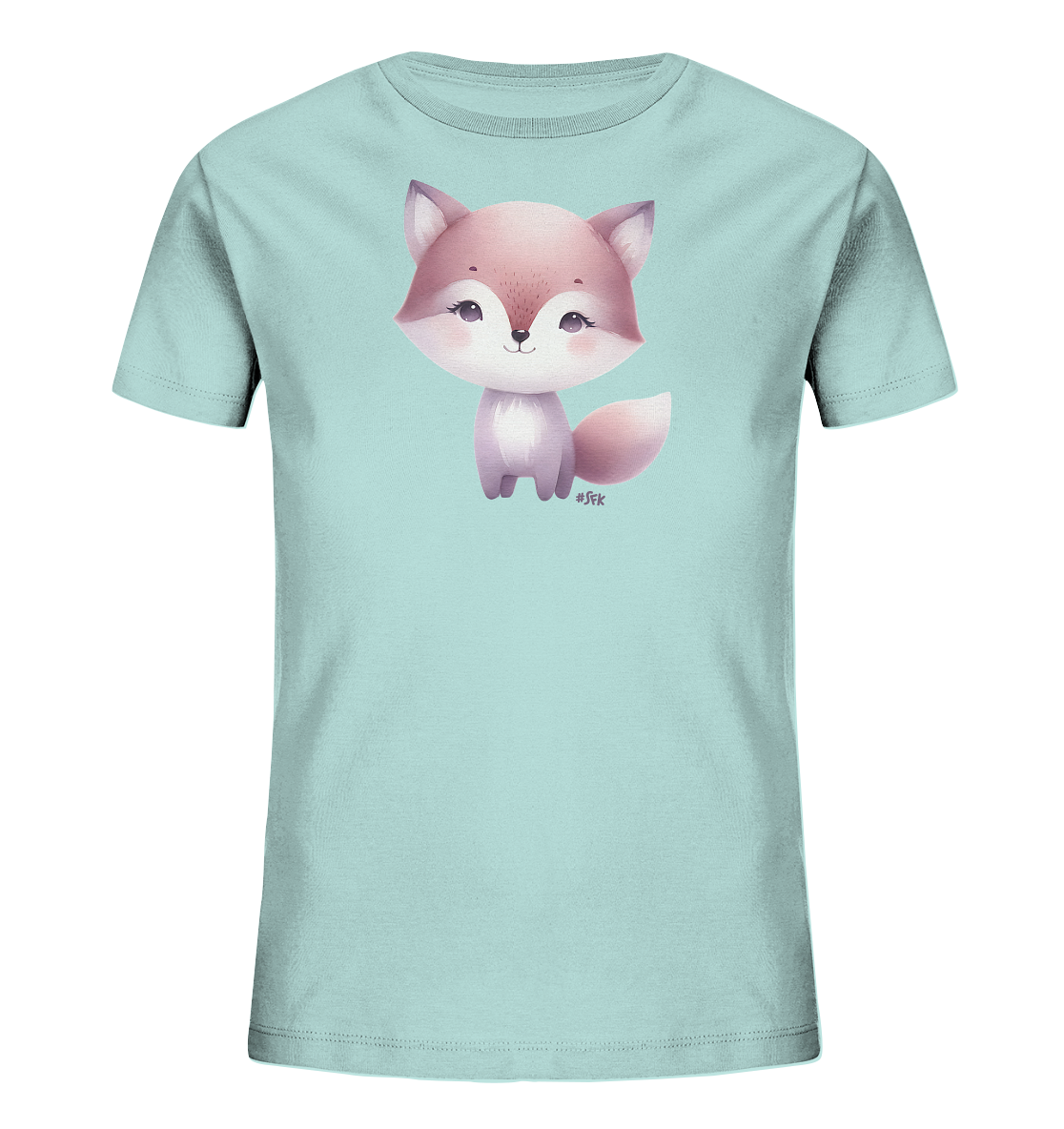 Onlineshop Shirts fuer Kinder - Das Bild zeigt ein hellblaues T-Shirt fuer Kinder mit einem niedlichen Fuchsmotiv auf der Vorderseite. Der Fuchs ist in sanften Rosa- und Lilatoenen gestaltet und hat grosse, freundliche Augen. Er sitzt aufrecht und hat einen buschigen Schwanz. Das Design ist schlicht und ansprechend fuer junge Traeger.