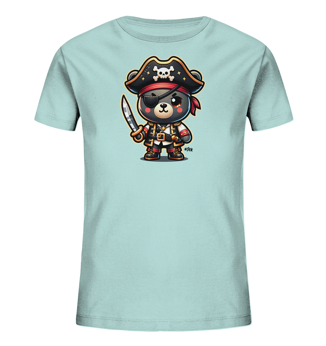 Onlineshop Shirts fuer Kinder - Das Bild zeigt ein hellblaues T-Shirt mit einem suessen Cartoon-Motiv. Darauf ist ein kleiner Baer zu sehen, der als Pirat verkleidet ist. Er traegt einen Piratenhut mit Totenkopf, eine Augenklappe und haelt ein Schwert. Das Design ist detailreich und verspielt.