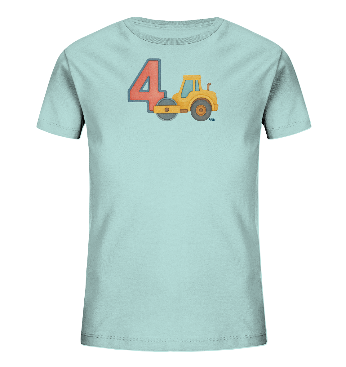 Onlineshop Shirts fuer Kinder - Das hellblaue Kinder-T-Shirt zeigt auf der Vorderseite eine grosse, rote Zahl '4' mit blauem Rand. Daneben ist eine gelbe Dampfwalze mit grauen Raedern abgebildet. Das Motiv ist im Comic-Stil gehalten und wirkt froehlich und robust.
