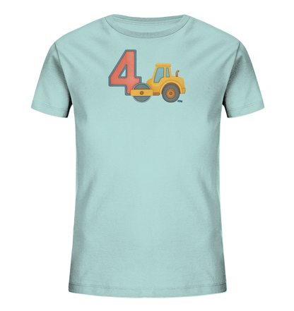 Onlineshop Shirts fuer Kinder - Das hellblaue Kinder-T-Shirt zeigt auf der Vorderseite eine grosse, rote Zahl '4' mit blauem Rand. Daneben ist eine gelbe Dampfwalze mit grauen Raedern abgebildet. Das Motiv ist im Comic-Stil gehalten und wirkt froehlich und robust.