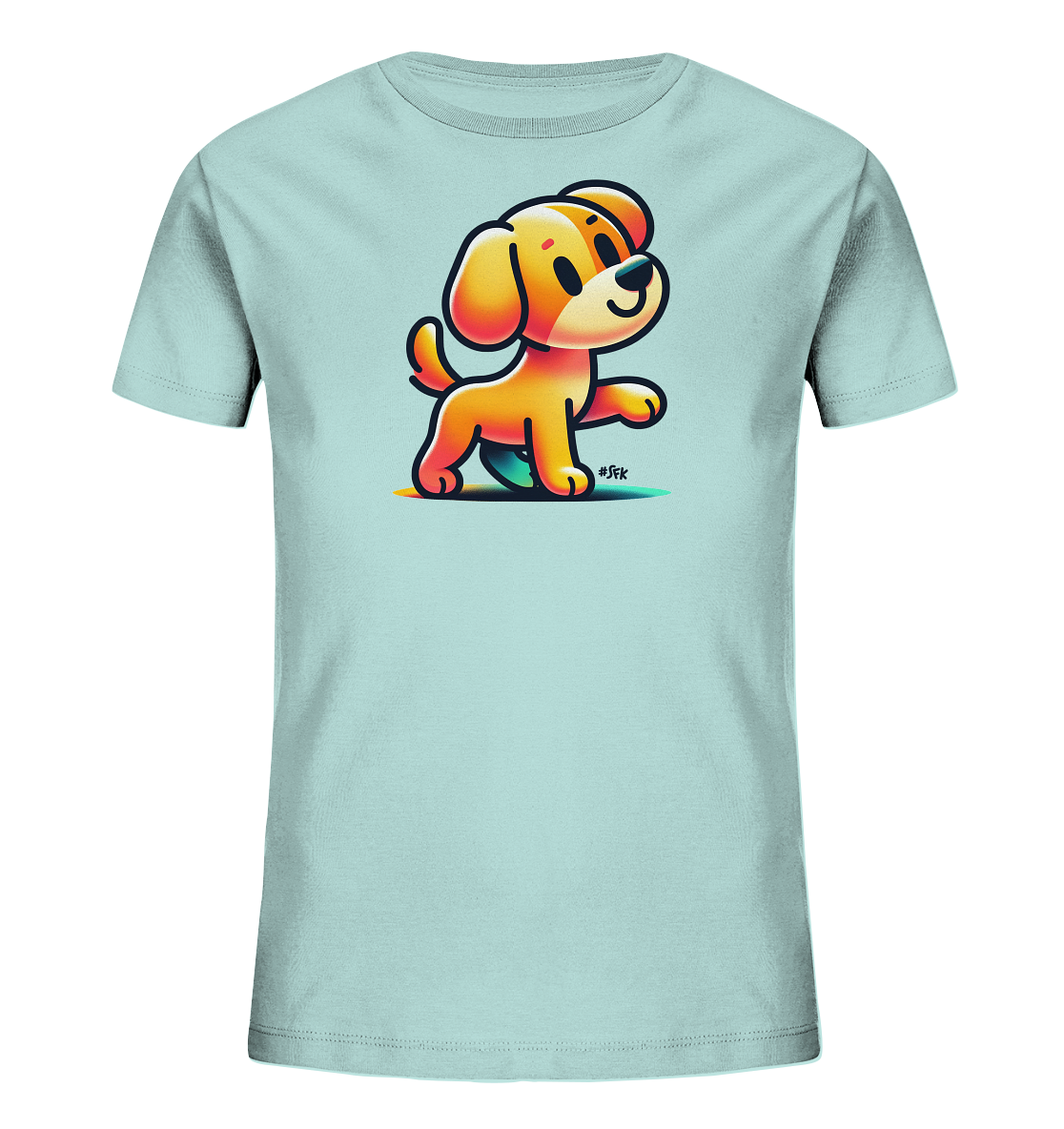 Onlineshop Shirts fuer Kinder - Das Bild zeigt ein hellblaues T-Shirt mit einem niedlichen, cartoonartigen Hundemotiv auf der Vorderseite. Der Hund hat hellbraunes Fell, grosse Augen und ein freundliches Laecheln. Er steht mit einer erhobenen Pfote auf einem farbigen, abstrakten Untergrund. Das Design wirkt verspielt und ansprechend fuer Kinder.