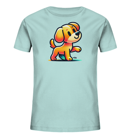 Kinder T-Shirt mit hellbraunem Cartoon-Hund, Lächeln und erhobener Pfote