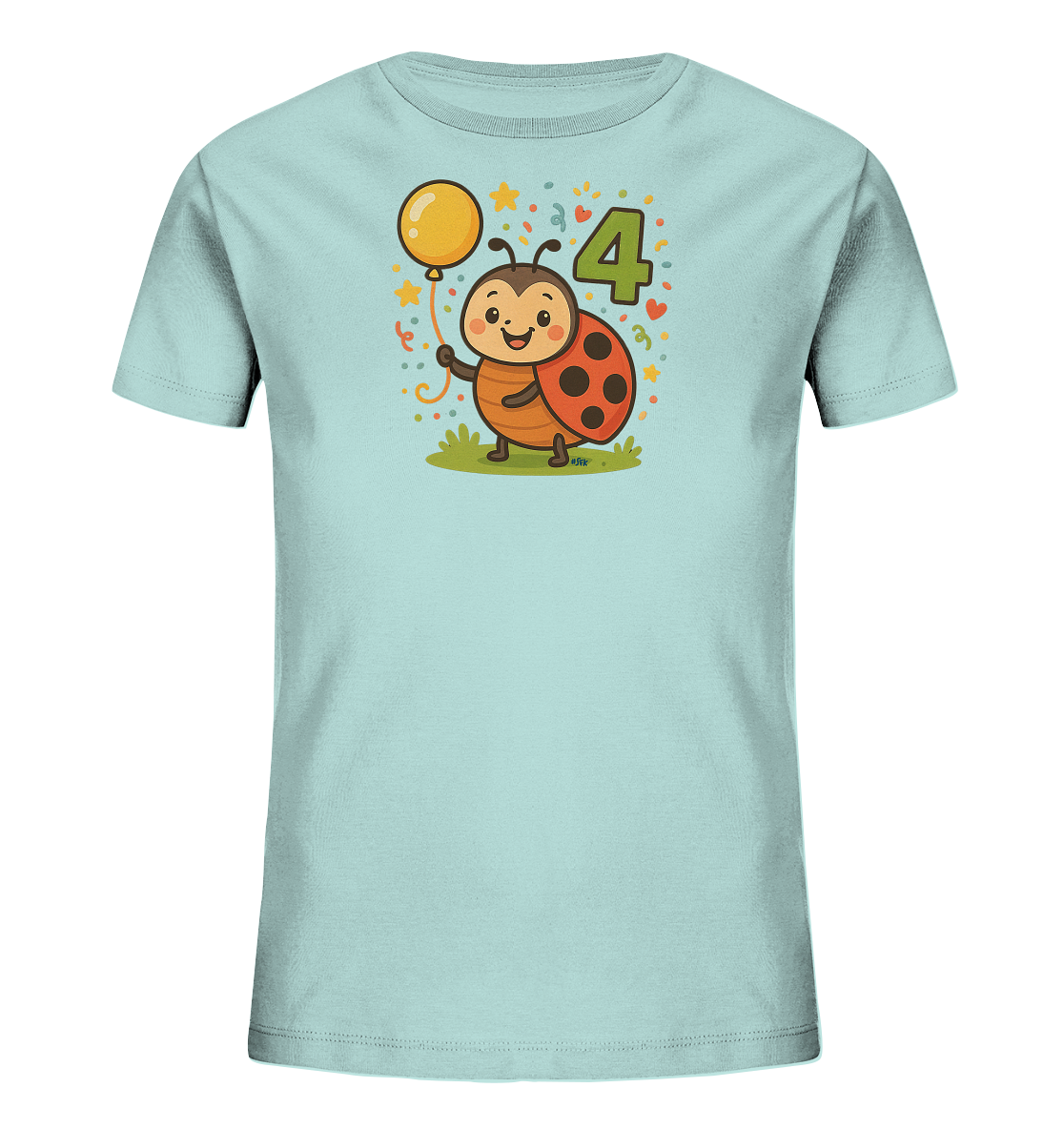 Onlineshop Shirts fuer Kinder - Das hellblaue T-Shirt zeigt eine niedliche Zeichentrickfigur eines Marienkaefers, der einen gelben Ballon haelt. Neben dem Marienkaefer ist die Zahl '4' abgebildet, umgeben von kleinen Konfetti, Sternen und Herzen. Das Motiv wirkt froehlich und verspielt, passend fuer einen Kindergeburtstag. Der Marienkaefer steht auf einer gruenen Grasflaeche.