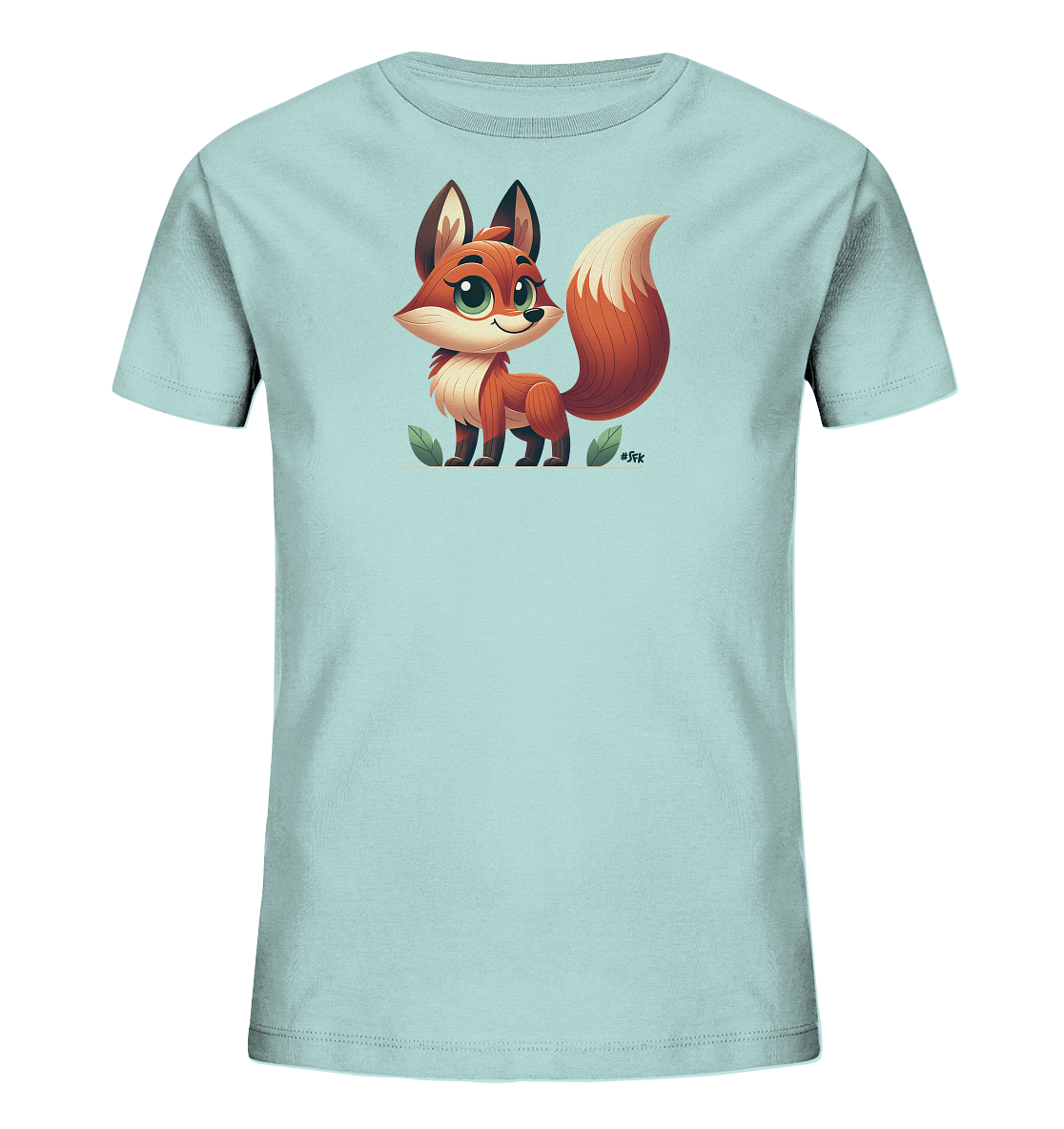 Onlineshop Shirts fuer Kinder - Das Bild zeigt ein hellblaues Kinder-T-Shirt mit einer niedlichen Comic-Illustration eines Fuchses auf der Vorderseite. Der Fuchs hat orange-braunes Fell, grosse gruene Augen und einen buschigen Schwanz. Er steht zwischen gruenen Blaettern und hat einen freundlichen Gesichtsausdruck. Das Design wirkt verspielt und ansprechend.