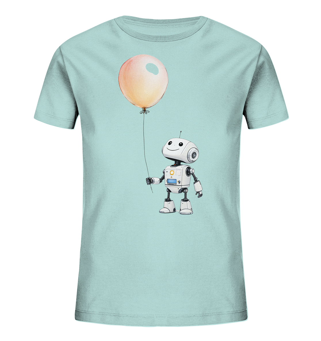 Onlineshop Shirts für Kinder - Das Bild zeigt ein hellblaues T-Shirt für Kinder. Auf der Vorderseite ist eine niedliche Illustration eines kleinen, weißen Roboters zu sehen. Der Roboter hat große, freundliche Augen und hält einen großen, pfirsichfarbenen Ballon an einer Schnur fest. Die Illustration wirkt freundlich und kindgerecht, und das T-Shirt ist neutral und schlicht gestaltet.