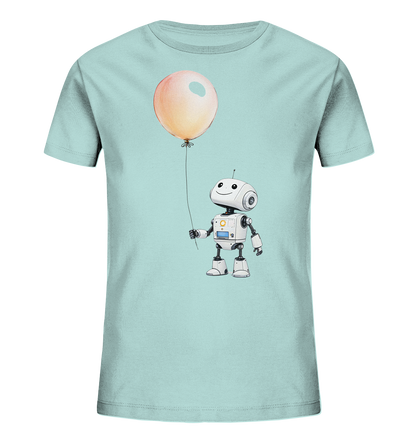 Onlineshop Shirts für Kinder - Das Bild zeigt ein hellblaues T-Shirt für Kinder. Auf der Vorderseite ist eine niedliche Illustration eines kleinen, weißen Roboters zu sehen. Der Roboter hat große, freundliche Augen und hält einen großen, pfirsichfarbenen Ballon an einer Schnur fest. Die Illustration wirkt freundlich und kindgerecht, und das T-Shirt ist neutral und schlicht gestaltet.