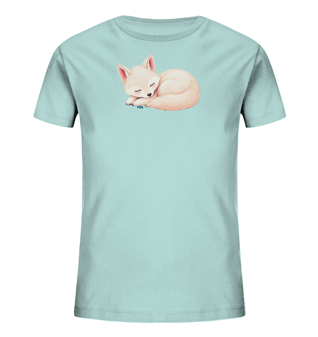 Onlineshop Shirts fuer Kinder - Das Bild zeigt ein hellblaues Kinder-T-Shirt mit einem niedlichen, schlafenden Fuchsmotiv auf der Vorderseite. Der Fuchs ist hellbeige gefaerbt und liegt friedlich zusammengerollt, mit geschlossenen Augen. Dieses sanfte Design verleiht dem Shirt eine beruhigende und verspielte Note. Es ist ein charmantes Motiv fuer junge Traeger.