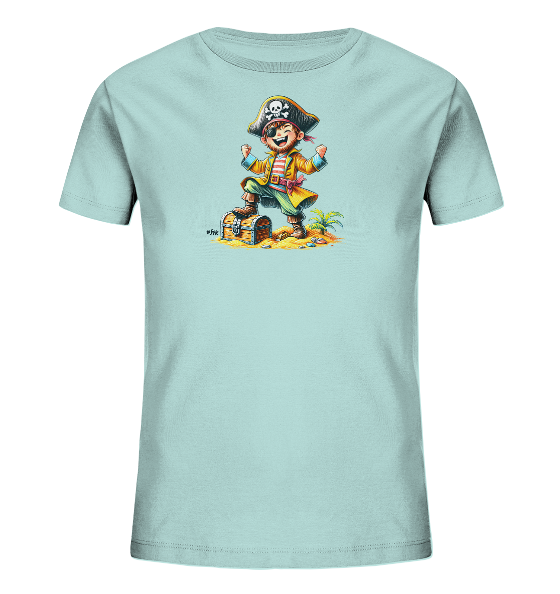 Onlineshop Shirts fuer Kinder - Das Bild zeigt ein hellblaues Kinder-T-Shirt mit einem bunten Cartoon-Piratenmotiv auf der Vorderseite. Die Illustration zeigt einen froehlichen Piraten, der jubelnd auf einer Schatztruhe an einem Sandstrand steht. Eine kleine Palme ist ebenfalls Teil der Szene, die dem Design einen abenteuerlichen Charakter verleiht. Die Farben sind lebendig und ansprechend fuer Kinder.