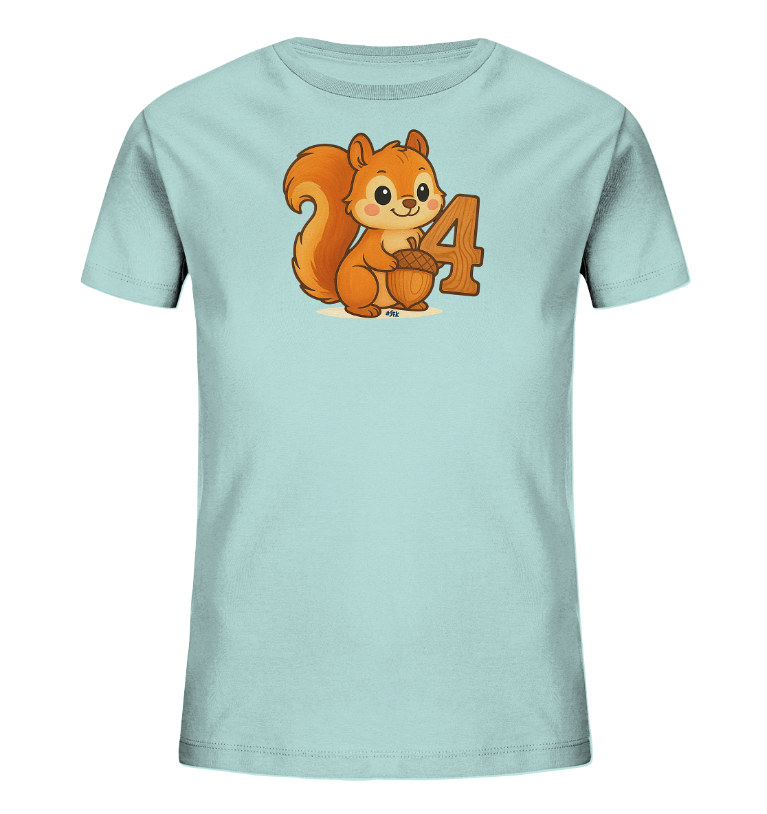 Onlineshop Shirts fuer Kinder - Das Bild zeigt ein hellblaues Kinder-T-Shirt mit einem niedlichen Comic-Motiv auf der Vorderseite. Abgebildet ist ein freundliches Eichhoernchen, das eine Eichel in den Pfoten haelt. Direkt daneben steht eine grosse, holzfarbene Zahl '4'. Das gesamte Design ist froehlich und kindgerecht gestaltet.