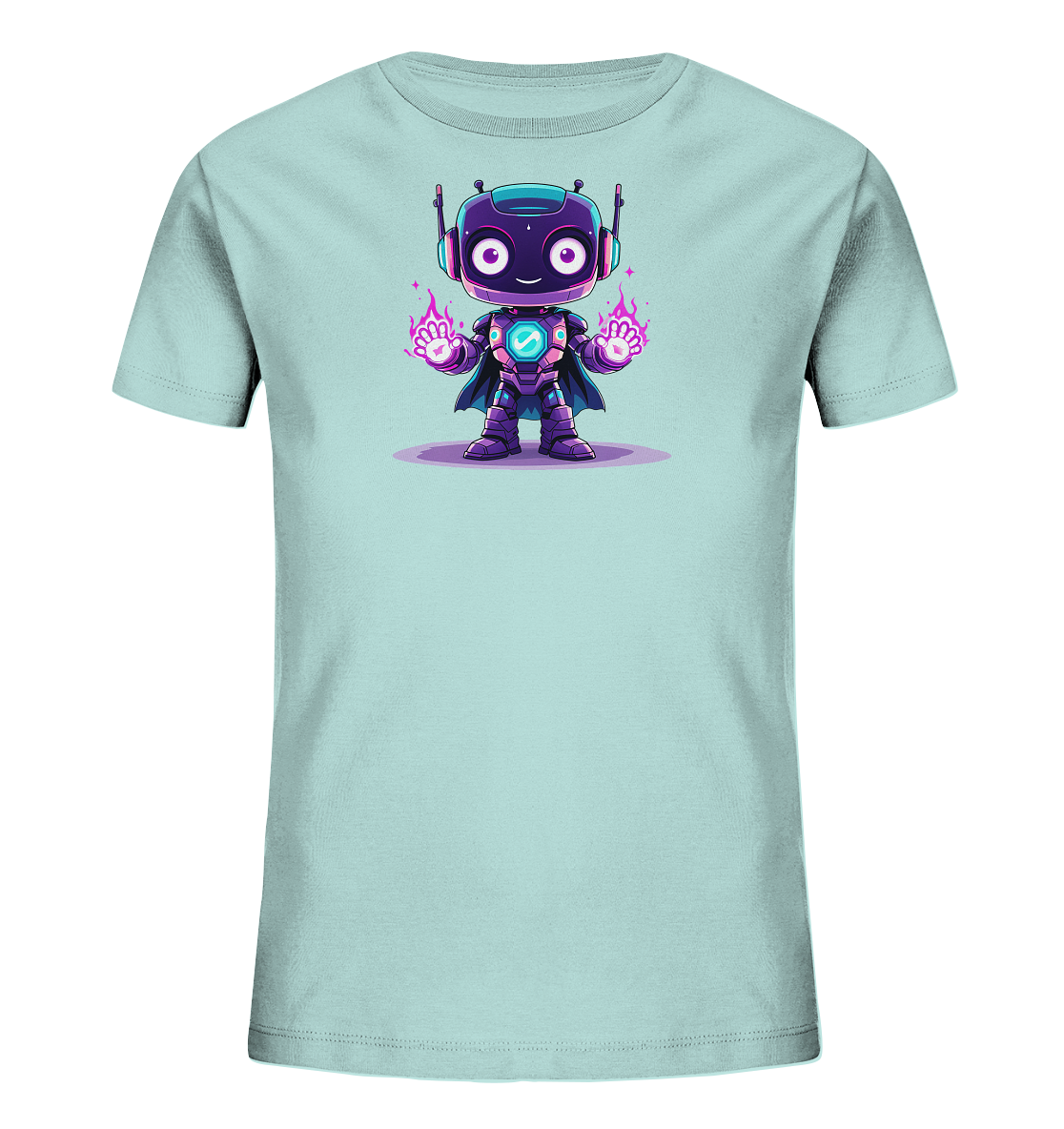 Onlineshop Shirts für Kinder - Das Bild zeigt die Vorderseite eines weißen Kinder-T-Shirts. Auf der Brust befindet sich eine runde Grafik mit einem hellblau-türkisen Hintergrundkreis. Innerhalb des Kreises ist eine einfache, gelbe Linienzeichnung einer sitzenden Katze mit großen Ohren zu sehen. Neben der Katze ist ein kleines, gelbes Herz gezeichnet, was dem Design eine süße Note verleiht.