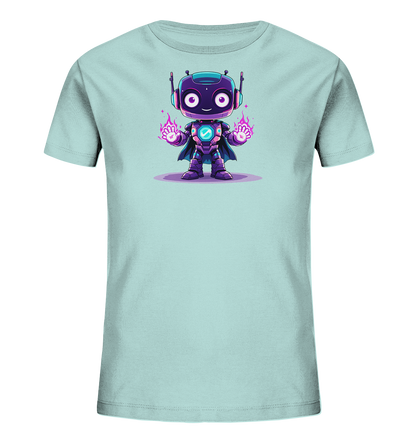 Onlineshop Shirts für Kinder - Das Bild zeigt die Vorderseite eines weißen Kinder-T-Shirts. Auf der Brust befindet sich eine runde Grafik mit einem hellblau-türkisen Hintergrundkreis. Innerhalb des Kreises ist eine einfache, gelbe Linienzeichnung einer sitzenden Katze mit großen Ohren zu sehen. Neben der Katze ist ein kleines, gelbes Herz gezeichnet, was dem Design eine süße Note verleiht.
