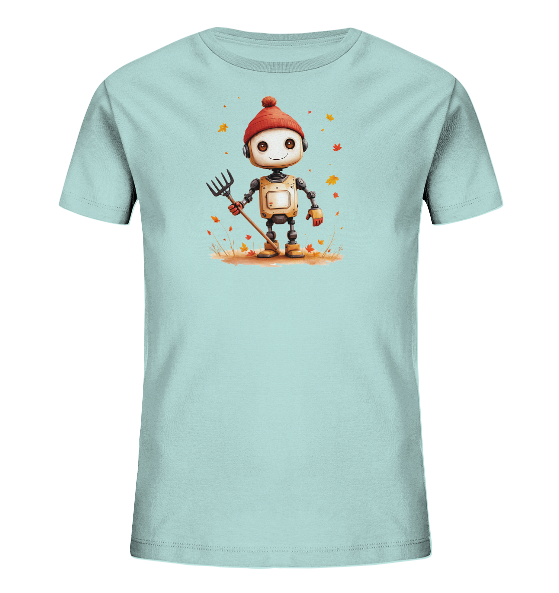 Onlineshop Shirts für Kinder - Das Bild zeigt ein hellblaues Kinder-T-Shirt mit einem farbigen Aufdruck. Der Aufdruck stellt einen freundlichen Roboter dar, der eine rote Pudelmütze trägt und einen Rechen hält. Der Roboter steht in einer Szene mit verstreuten Herbstblättern in warmen Rot-, Orange- und Gelbtönen. Dieses herbstliche Motiv verleiht dem Shirt einen niedlichen und saisonalen Charakter.