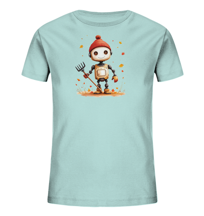 Onlineshop Shirts für Kinder - Das Bild zeigt ein hellblaues Kinder-T-Shirt mit einem farbigen Aufdruck. Der Aufdruck stellt einen freundlichen Roboter dar, der eine rote Pudelmütze trägt und einen Rechen hält. Der Roboter steht in einer Szene mit verstreuten Herbstblättern in warmen Rot-, Orange- und Gelbtönen. Dieses herbstliche Motiv verleiht dem Shirt einen niedlichen und saisonalen Charakter.