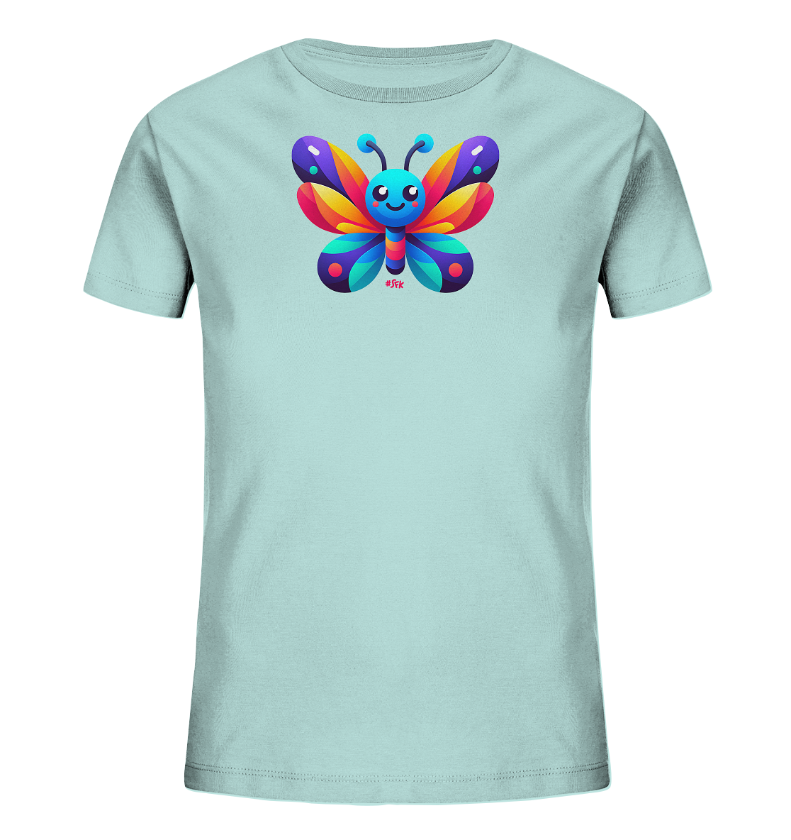 Onlineshop Shirts fuer Kinder - Das Bild zeigt ein hellblaues T-Shirt fuer Kinder mit einem farbenfrohen Schmetterlingsmotiv auf der Vorderseite. Der Cartoon-Schmetterling hat leuchtende Fluegel in verschiedenen Farben wie Lila, Gelb, Orange und Blau. Sein Koerper ist rot, der Kopf blau, und er hat ein froehliches Gesicht. Das Design ist verspielt und lebendig, ideal fuer Kinder.