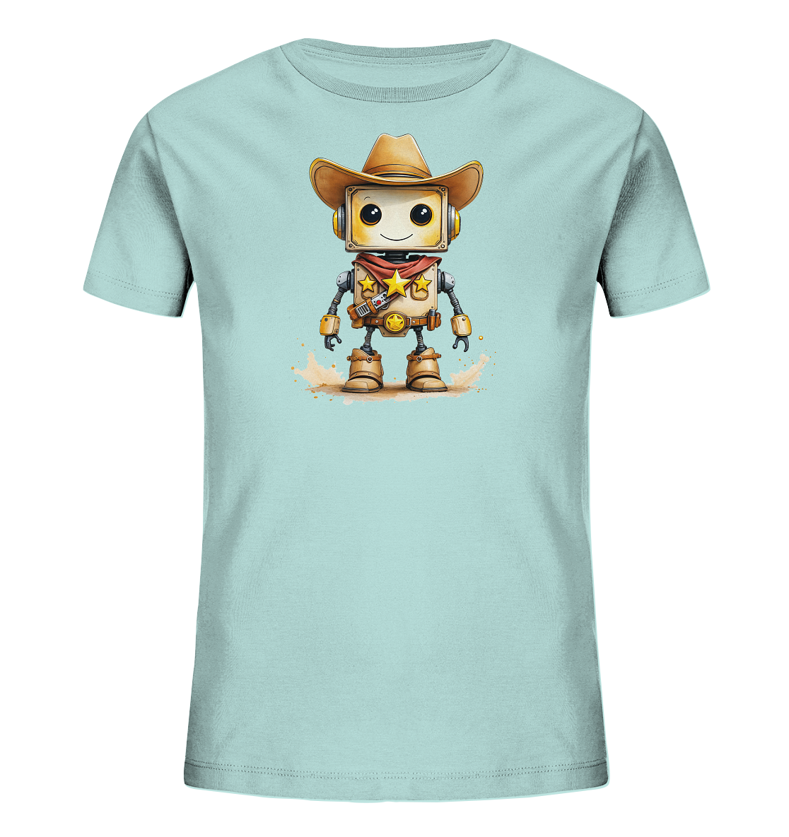 Onlineshop Shirts für Kinder - Das Bild zeigt ein hellblaues T-Shirt für Kinder mit einem auffälligen Motiv auf der Vorderseite. Die Illustration stellt einen kleinen Roboter dar, der als Cowboy gekleidet ist. Der Roboter trägt einen Cowboyhut, ein rotes Halstuch mit einem Stern und Cowboystiefel, sowie Accessoires wie einen Gürtel und eine Art Holster. Der Stil der Grafik erinnert an Aquarellfarben und zeigt den Roboter auf einer staubigen oder sandigen Oberfläche stehend.