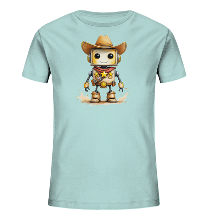 Onlineshop Shirts für Kinder - Das Bild zeigt ein hellblaues T-Shirt für Kinder mit einem auffälligen Motiv auf der Vorderseite. Die Illustration stellt einen kleinen Roboter dar, der als Cowboy gekleidet ist. Der Roboter trägt einen Cowboyhut, ein rotes Halstuch mit einem Stern und Cowboystiefel, sowie Accessoires wie einen Gürtel und eine Art Holster. Der Stil der Grafik erinnert an Aquarellfarben und zeigt den Roboter auf einer staubigen oder sandigen Oberfläche stehend.