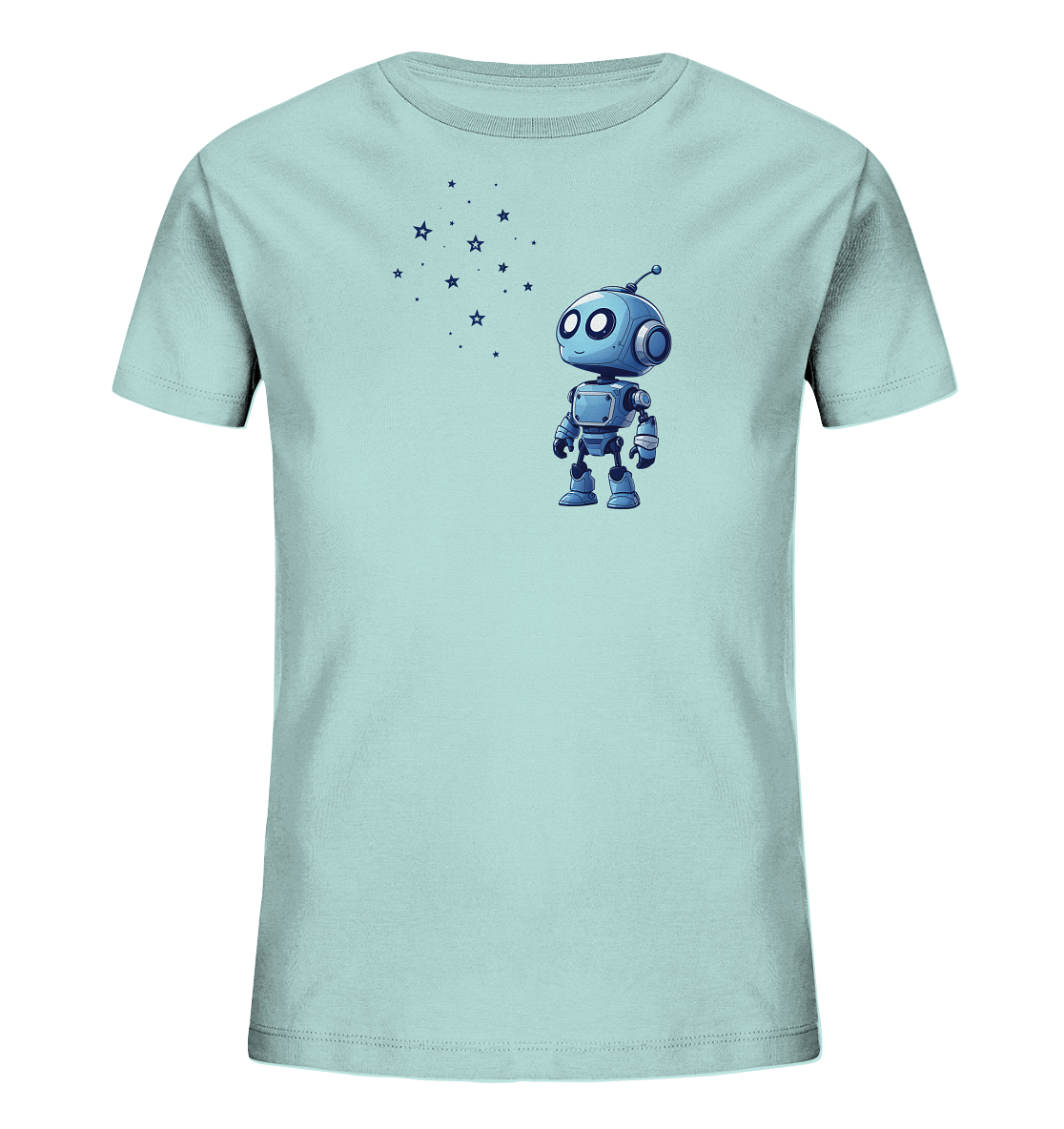 Onlineshop Shirts für Kinder - Das Bild zeigt ein hellblaues Kinder-T-Shirt, das flach auf einem schwarzen Hintergrund liegt. Auf der oberen linken Seite des Shirts ist eine Grafik eines kleinen, blauen Cartoon-Roboters platziert. Neben dem Roboter ist eine Ansammlung von blauen Sternen und kleinen Punkten dargestellt. Der Roboter hat große Augen und eine Antenne und blickt nach vorne, was dem Design einen verspielten Charakter verleiht.