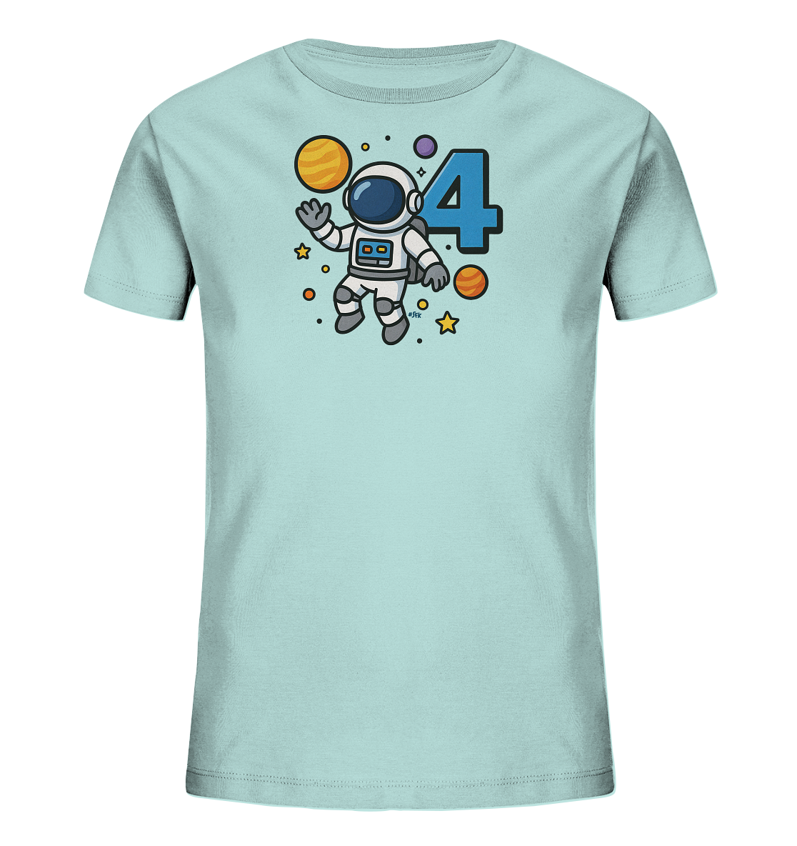 Onlineshop Shirts fuer Kinder - Das Bild zeigt ein hellblaues Kinder T-Shirt. Darauf ist eine Grafik eines Astronauten im Weltraum abgebildet. Neben dem Astronauten steht die grosse, blaue Zahl '4', umgeben von Sternen und Planeten. Das Design ist verspielt und thematisch auf den Weltraum ausgerichtet.