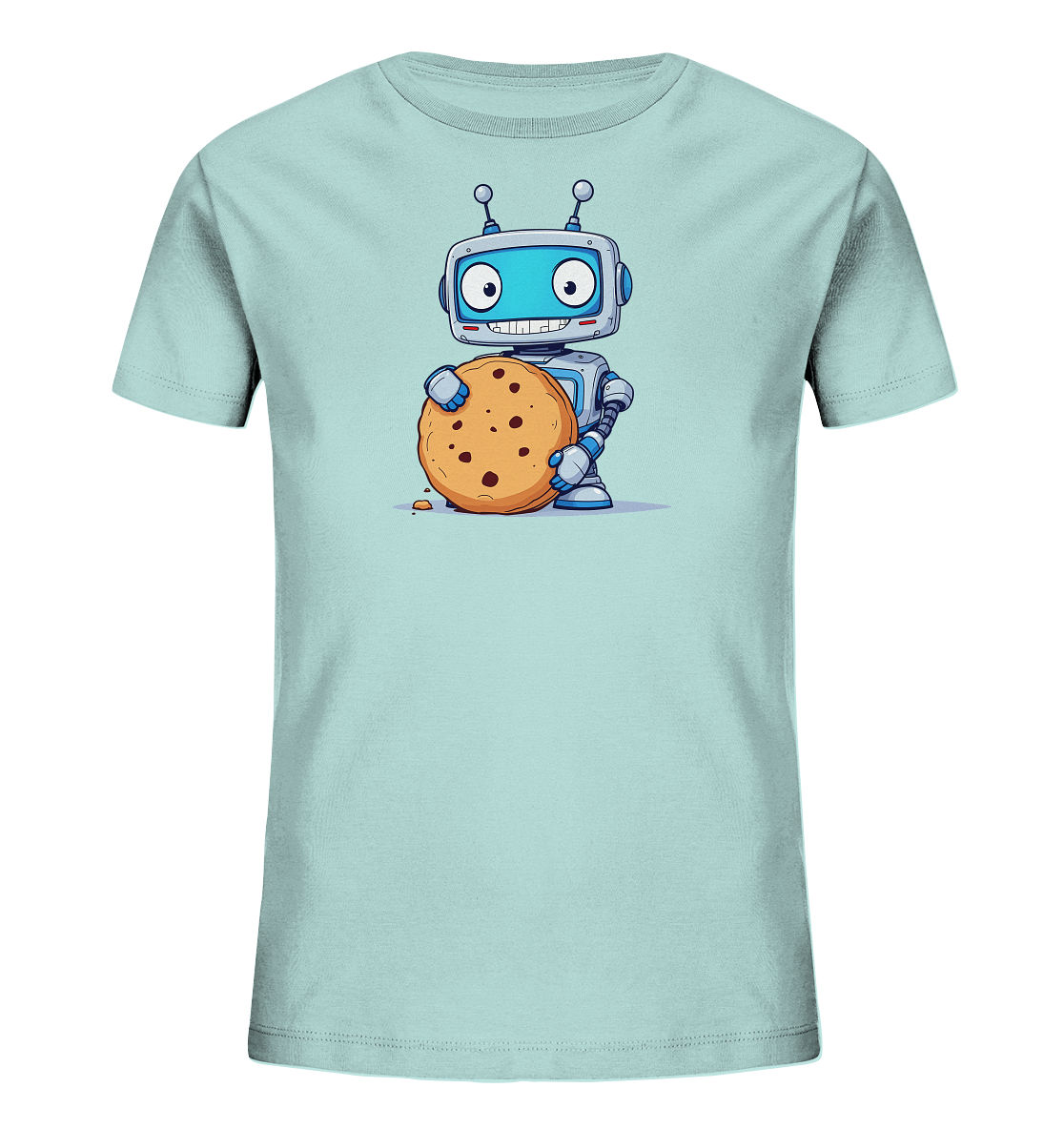 Onlineshop Shirts für Kinder - Das Bild zeigt ein hellblaues T-Shirt für Kinder mit einem Druck auf der Vorderseite. Dieser Druck stellt einen freundlichen, cartoonhaften Roboter dar. Der Roboter, der in Grau- und Blautönen gehalten ist, hält einen großen Schokoladenkeks in seinen Händen. Sein Gesicht zeigt ein breites Lächeln mit großen Augen. Das gesamte Motiv ist in einem klaren Comic-Stil illustriert, was dem Shirt einen fröhlichen und verspielten Charakter verleiht.