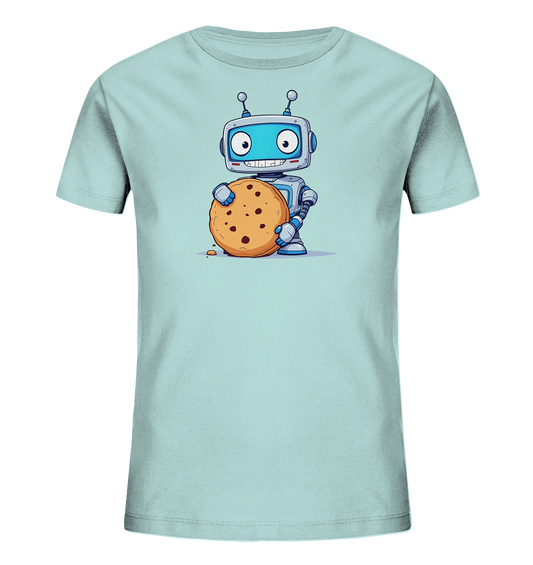Onlineshop Shirts für Kinder - Das Bild zeigt ein hellblaues T-Shirt für Kinder mit einem Druck auf der Vorderseite. Dieser Druck stellt einen freundlichen, cartoonhaften Roboter dar. Der Roboter, der in Grau- und Blautönen gehalten ist, hält einen großen Schokoladenkeks in seinen Händen. Sein Gesicht zeigt ein breites Lächeln mit großen Augen. Das gesamte Motiv ist in einem klaren Comic-Stil illustriert, was dem Shirt einen fröhlichen und verspielten Charakter verleiht.