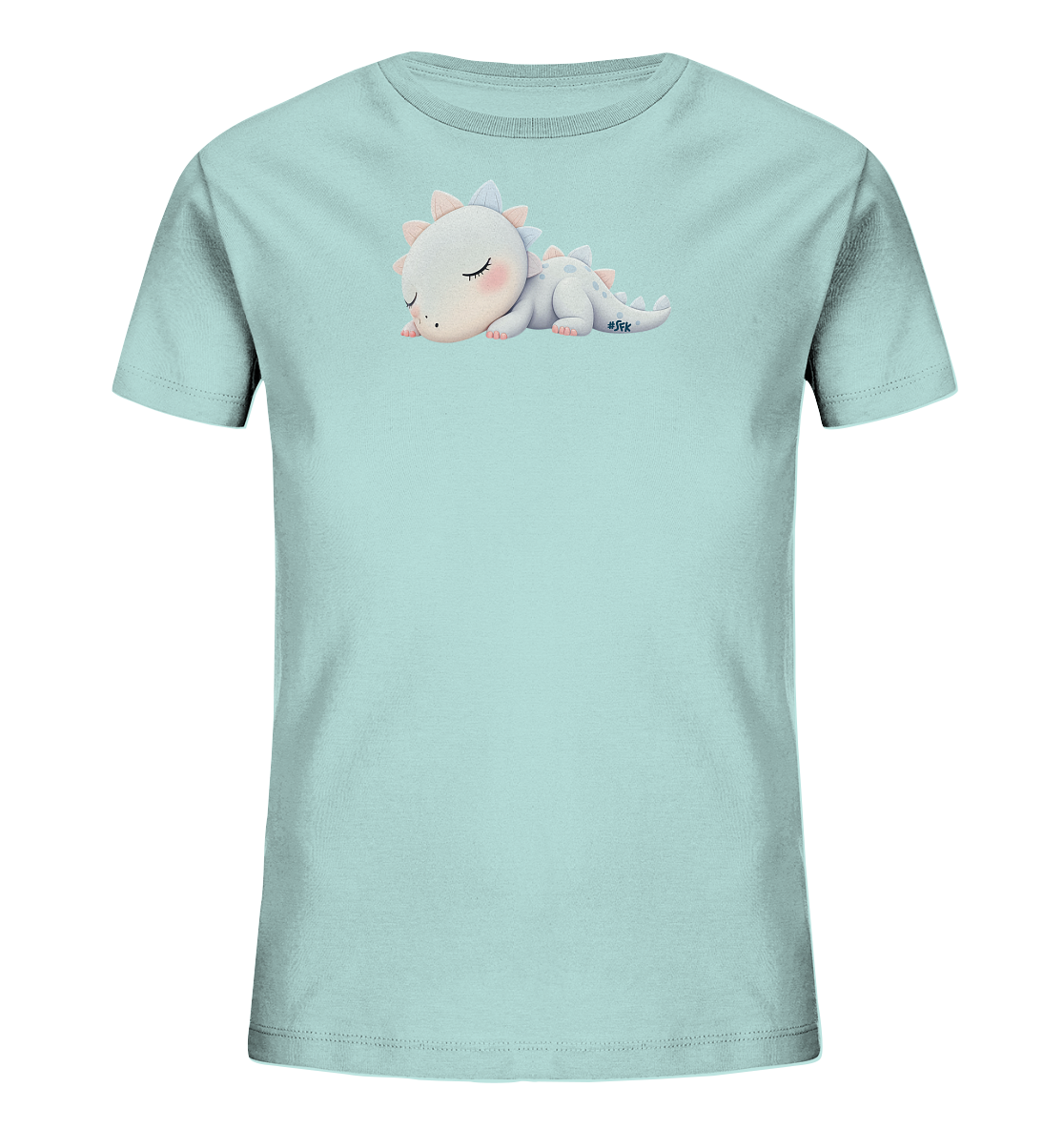 Onlineshop Shirts fuer Kinder - Das Bild zeigt ein hellblaues Kinder-T-Shirt mit einem niedlichen Frontmotiv. Abgebildet ist ein friedlich schlafendes, cartoonartiges Drachen- oder Dinosaurierbaby. Es besitzt sanfte rosafarbene Wangen und zarte pastellfarbene Zacken auf dem Ruecken und Kopf. Das Design wirkt beruhigend und ist ideal fuer Kinderbekleidung.