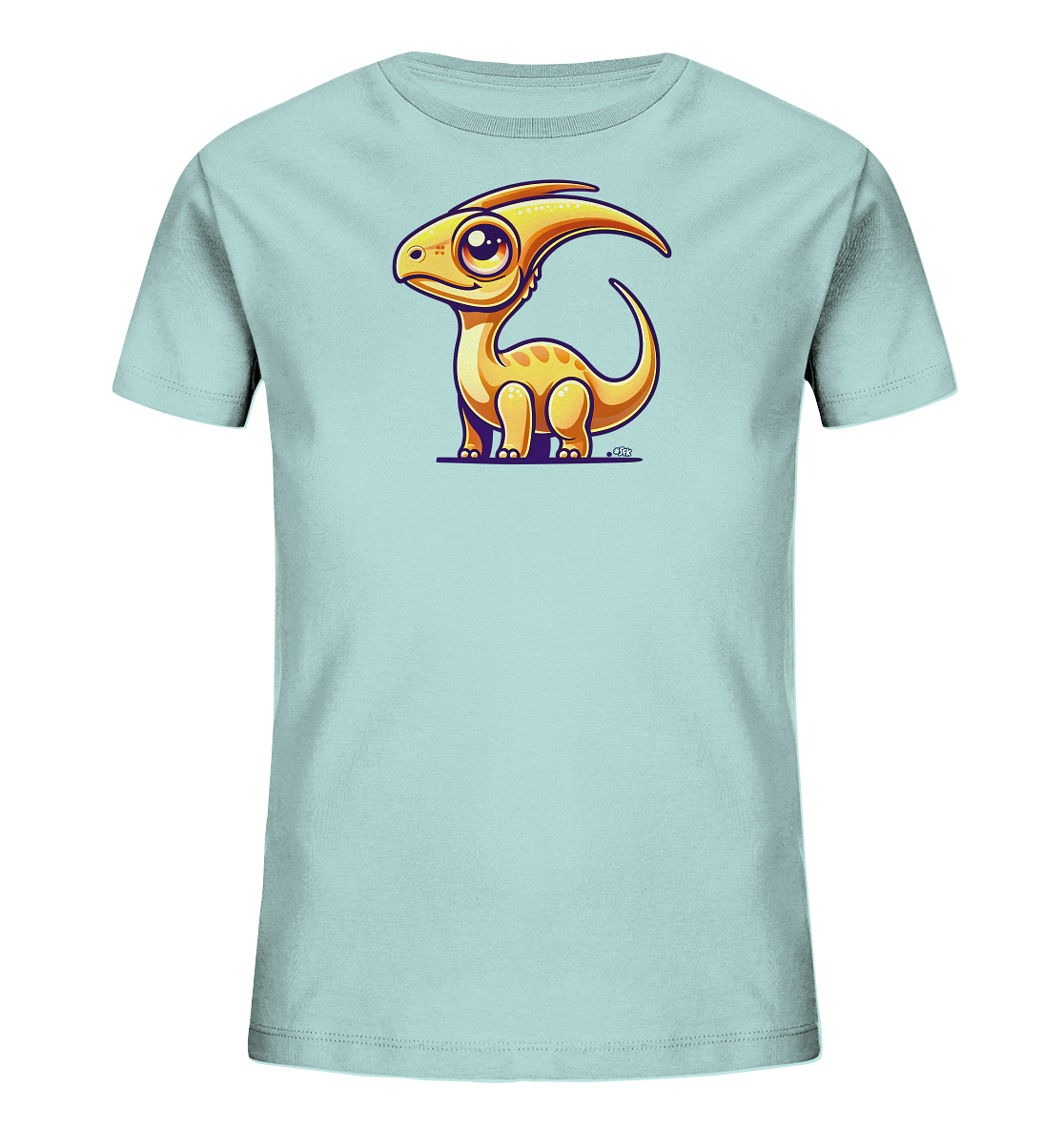 Onlineshop Shirts fuer Kinder - Das Bild zeigt ein hellblaues T-Shirt fuer Kinder mit einer Illustration eines suessen, orangefarbenen Dinosauriers. Der Dinosaurier hat grosse Augen und ein freundliches Aussehen, dargestellt im Comic-Stil. Er steht auf einer violetten Linie und verleiht dem Shirt einen verspielten Charakter. Dieses Design ist ansprechend fuer junge Dino-Fans.