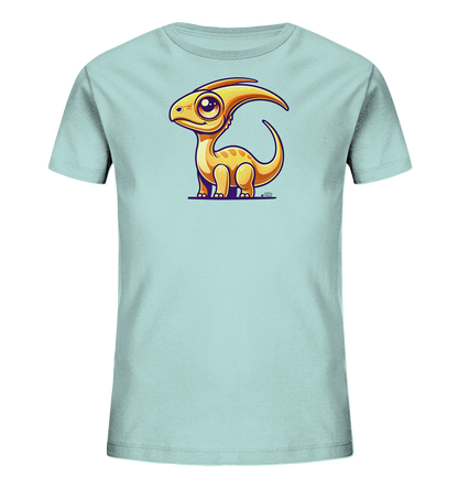 Onlineshop Shirts fuer Kinder - Das Bild zeigt ein hellblaues T-Shirt fuer Kinder mit einer Illustration eines suessen, orangefarbenen Dinosauriers. Der Dinosaurier hat grosse Augen und ein freundliches Aussehen, dargestellt im Comic-Stil. Er steht auf einer violetten Linie und verleiht dem Shirt einen verspielten Charakter. Dieses Design ist ansprechend fuer junge Dino-Fans.