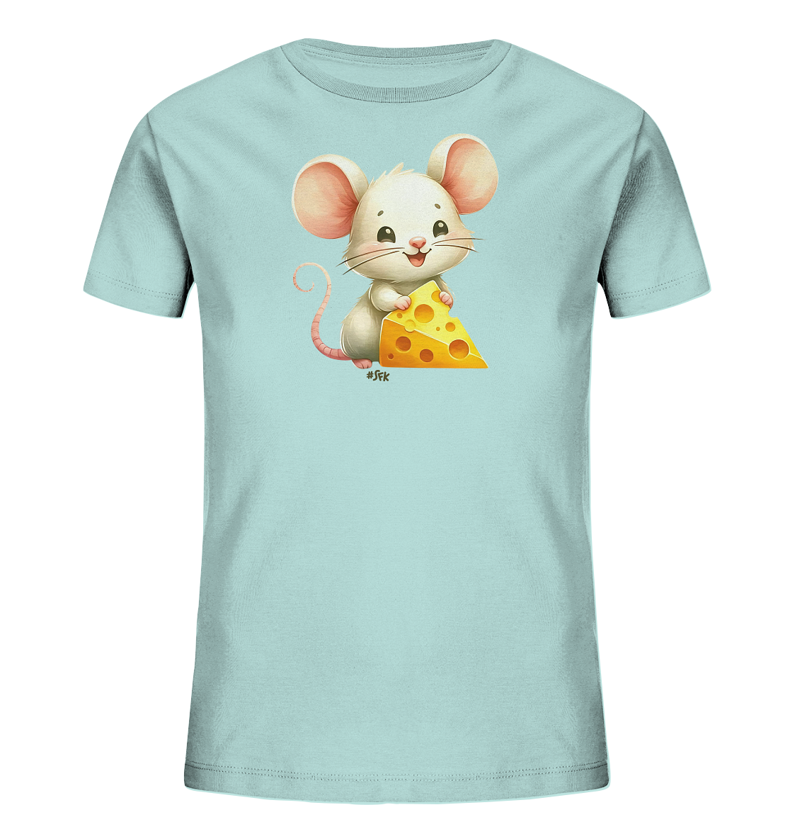 Onlineshop Shirts fuer Kinder - Dieses helle, babyblaue Kinder-T-Shirt zeigt eine bezaubernde Illustration auf der Vorderseite. Eine weisse, cartoonhafte Maus mit grossen Ohren haelt ein grosses Stueck gelben Kaese mit Loechern. Die Maus laechelt freundlich und wirkt sehr zufrieden. Das Design ist kindgerecht und farbenfroh gestaltet.