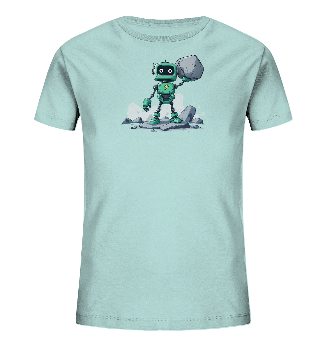 Onlineshop Shirts für Kinder - Das Bild zeigt ein Kinder-T-Shirt in einem hellen Türkiston oder Aqua-Blau. Auf der Vorderseite ist eine detaillierte Grafik eines stilisierten Roboters zu sehen, der hauptsächlich in Grün und Schwarz gehalten ist. Der Roboter steht auf Felsbrocken und hebt einen großen, realistisch dargestellten Stein mit einer Hand über seinen Kopf. Dieses Motiv verleiht dem Shirt einen verspielten und abenteuerlichen Charakter.