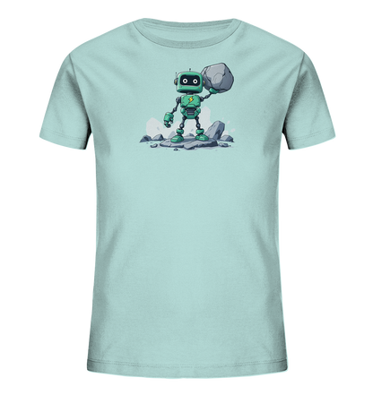 Onlineshop Shirts für Kinder - Das Bild zeigt ein Kinder-T-Shirt in einem hellen Türkiston oder Aqua-Blau. Auf der Vorderseite ist eine detaillierte Grafik eines stilisierten Roboters zu sehen, der hauptsächlich in Grün und Schwarz gehalten ist. Der Roboter steht auf Felsbrocken und hebt einen großen, realistisch dargestellten Stein mit einer Hand über seinen Kopf. Dieses Motiv verleiht dem Shirt einen verspielten und abenteuerlichen Charakter.