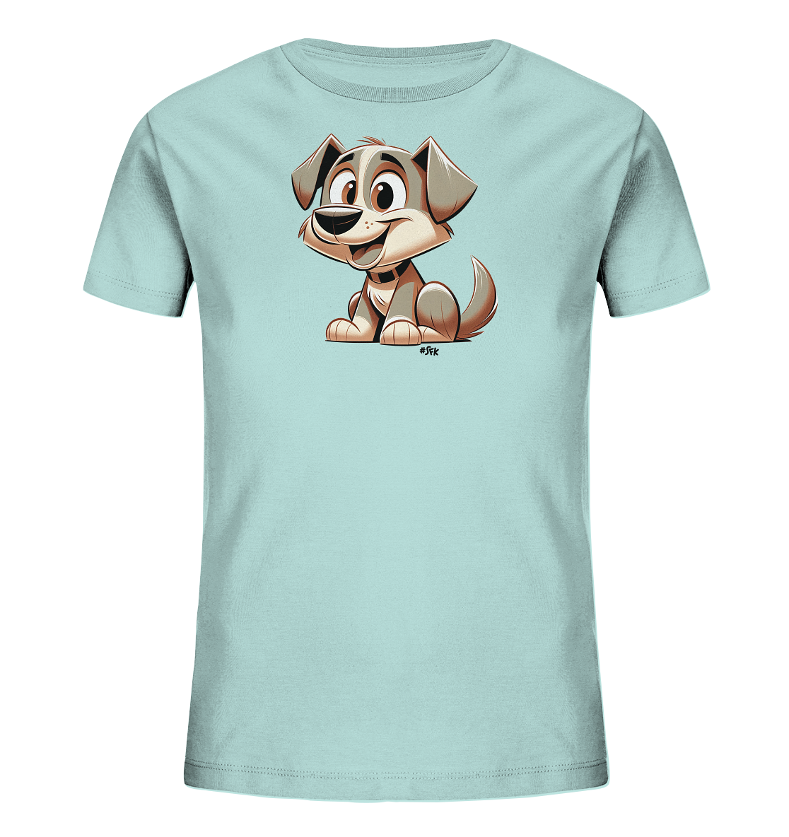 Onlineshop Shirts fuer Kinder - Das Bild zeigt ein hellblaues T-Shirt mit einem grossen, farbigen Aufdruck auf der Vorderseite. Zu sehen ist ein freundlicher Cartoon-Hund mit grossen Augen und einem breiten Laecheln. Der Hund sitzt aufrecht und hat ein braun-graues Fell sowie ein Halsband. Das Design wirkt froehlich und ansprechend fuer Kinder.