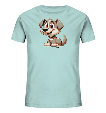 Onlineshop Shirts fuer Kinder - Das Bild zeigt ein hellblaues T-Shirt mit einem grossen, farbigen Aufdruck auf der Vorderseite. Zu sehen ist ein freundlicher Cartoon-Hund mit grossen Augen und einem breiten Laecheln. Der Hund sitzt aufrecht und hat ein braun-graues Fell sowie ein Halsband. Das Design wirkt froehlich und ansprechend fuer Kinder.