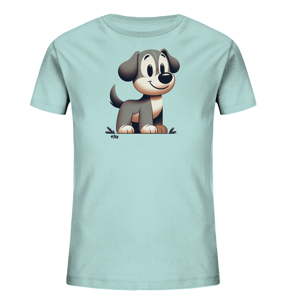 Onlineshop Shirts fuer Kinder - Das Bild zeigt ein hellblaues Kinder-T-Shirt mit einem niedlichen Cartoon-Hund auf der Vorderseite. Der Hund hat ein froehliches Gesicht, grosse Ohren und sitzt aufrecht. Die Illustration ist einfach und liebevoll gestaltet und zeigt den Hund sitzend auf angedeutetem Untergrund. Es ist ein verspieltes Design, das Kinder ansprechen duerfte.