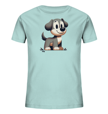 Onlineshop Shirts fuer Kinder - Das Bild zeigt ein hellblaues Kinder-T-Shirt mit einem niedlichen Cartoon-Hund auf der Vorderseite. Der Hund hat ein froehliches Gesicht, grosse Ohren und sitzt aufrecht. Die Illustration ist einfach und liebevoll gestaltet und zeigt den Hund sitzend auf angedeutetem Untergrund. Es ist ein verspieltes Design, das Kinder ansprechen duerfte.