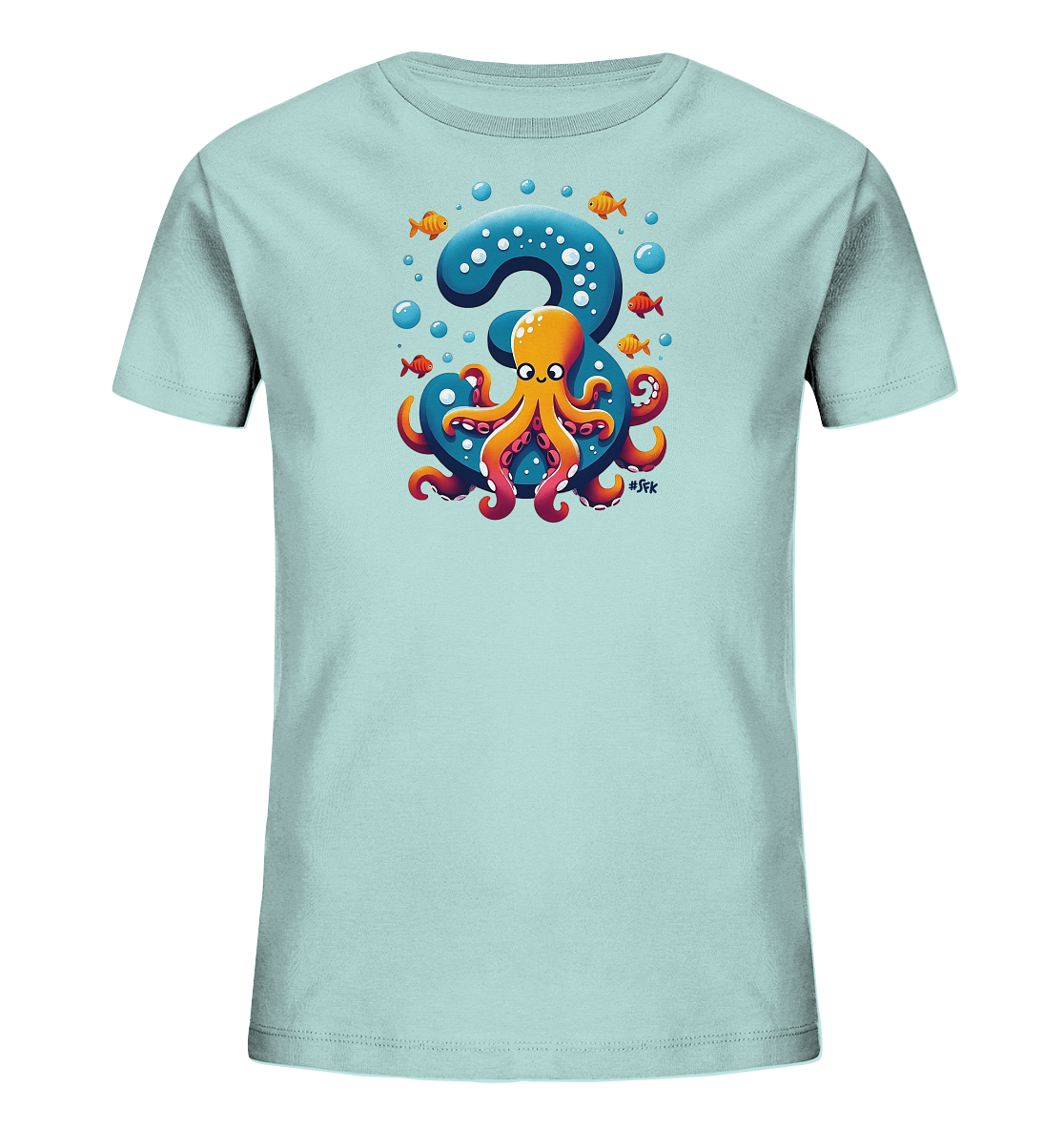 Onlineshop Shirts fuer Kinder - Das Bild zeigt ein hellblaues Kinder-T-Shirt mit einem farbenfrohen Motiv. Eine grosse blaue Zahl Drei ist zu sehen, um die sich ein lustiger orangefarbener Oktopus schlingt. Kleine orange Fische und Blasen umgeben das maritime Design. Dieses verspielte Bild ist ideal fuer Kinder.