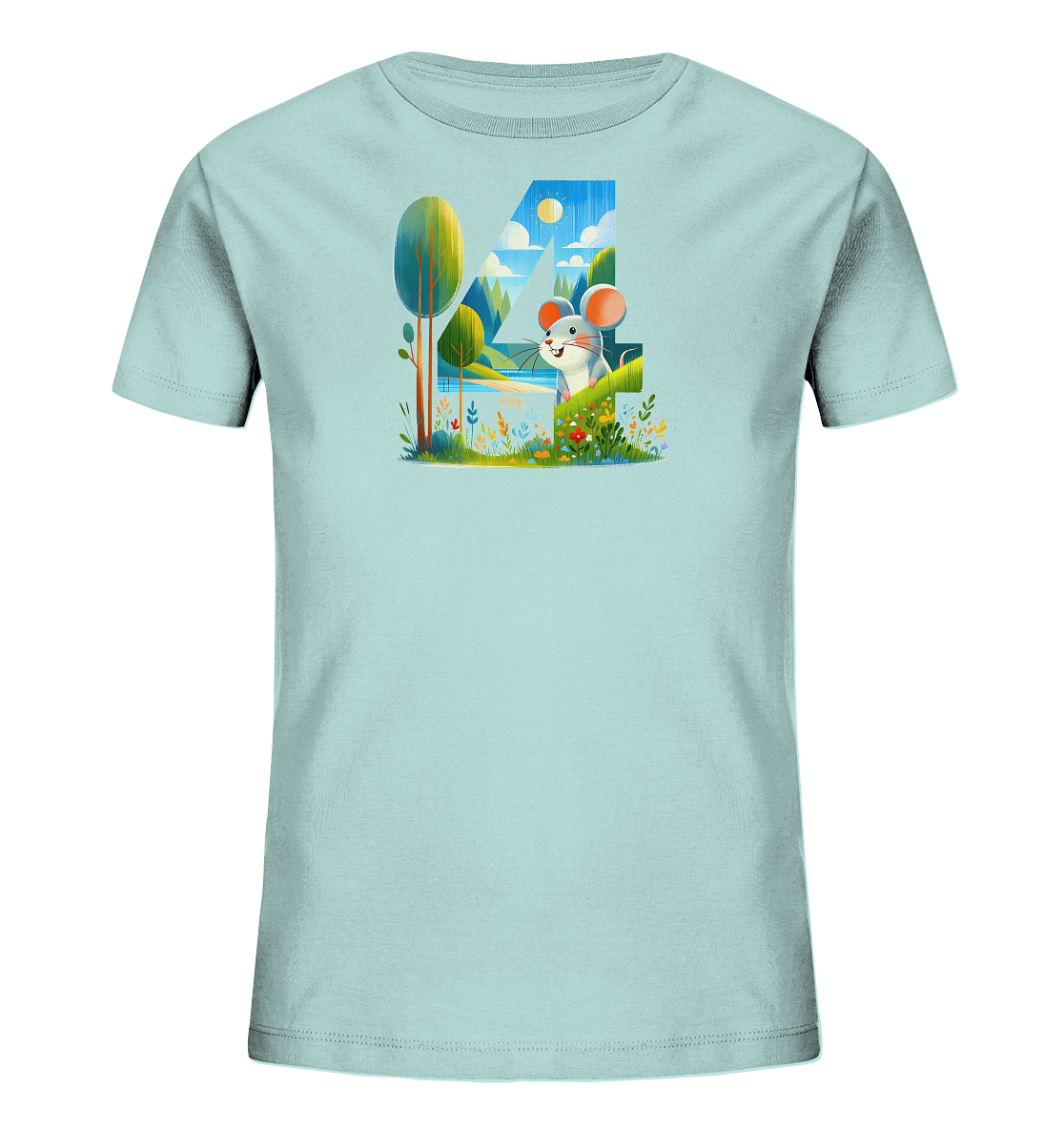 Onlineshop Shirts fuer Kinder - Das Bild zeigt ein hellblaues Kinder-T-Shirt mit einem einzigartigen Design auf der Vorderseite. Eine grosse, kuenstlerisch gestaltete Zahl "4" ist mit einer detaillierter Landschaftsszene gefuellt, die Baeume, Wasser und Berge umfasst. Davor sitzt eine niedliche Cartoon-Maus inmitten bunter Blumen und gruener Pflanzen. Das Design wirkt froehlich und fantasievoll, ideal fuer ein Kinderoutfit.