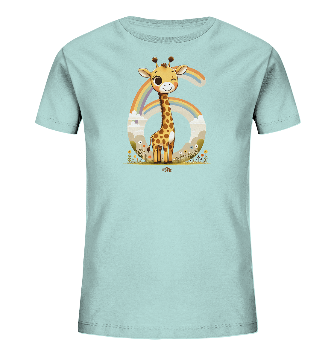 Onlineshop Shirts fuer Kinder - Das Bild zeigt ein hellblaues Kinder-T-Shirt mit einem froehlichen Aufdruck auf der Vorderseite. Ein niedlicher Cartoon-Giraffe laechelt und steht inmitten einer kleinen Landschaft mit Blumen und Graesern. Hinter der Giraffe und der Szene ist die grosse Zahl Sechs dargestellt, umrahmt von Wolken und einem Regenbogen. Das gesamte Design hat einen verspielten und farbenfrohen Charakter.