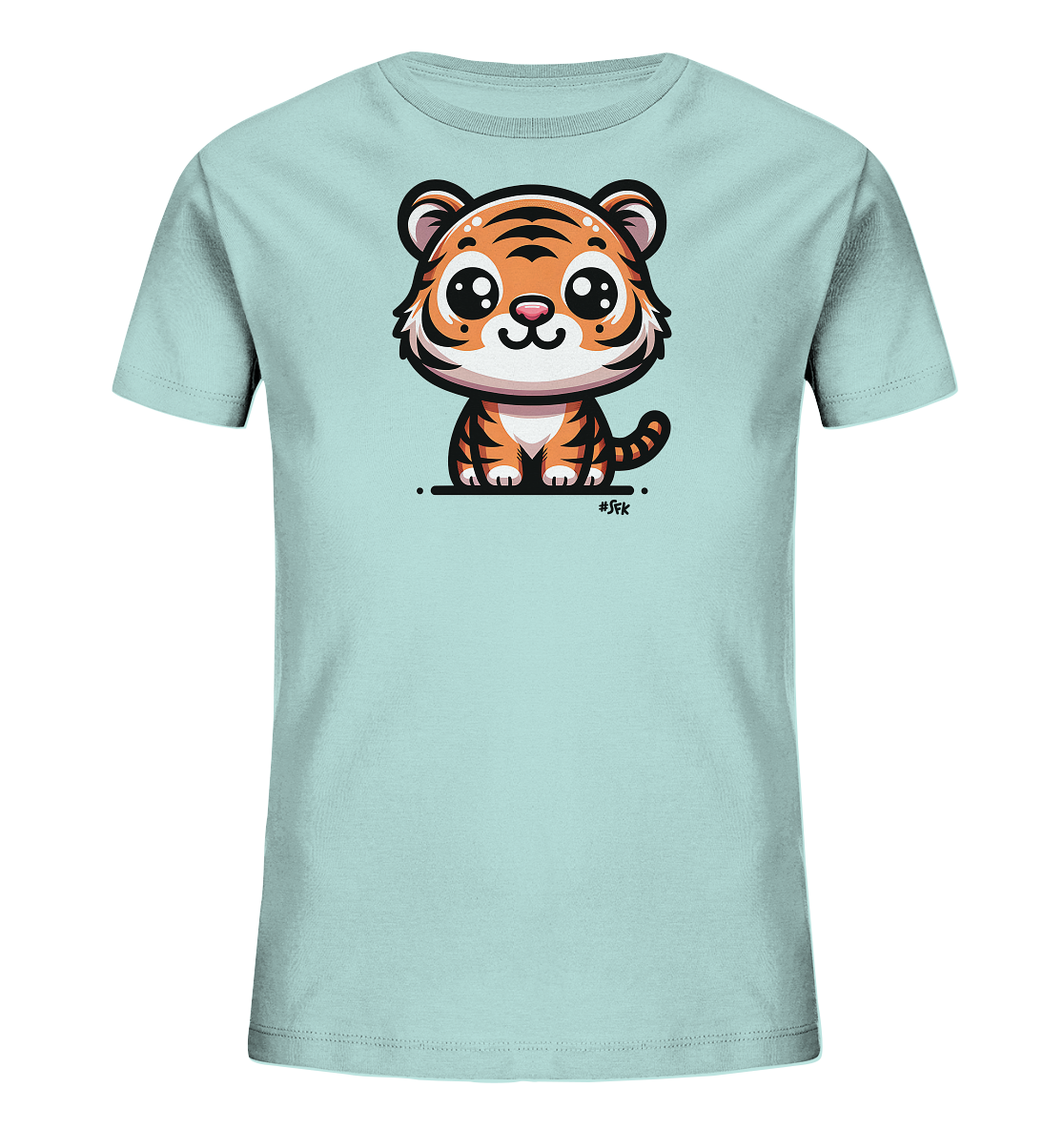 Onlineshop Shirts fuer Kinder - Das Bild zeigt ein hellblaues T-Shirt mit einem niedlichen Cartoon-Motiv eines Tigerbabys. Der kleine Tiger sitzt frontal, hat grosse, glaenzende Augen und einen freundlichen Ausdruck. Die Illustration ist zentral auf der Vorderseite des Shirts platziert. Dieses Design wirkt ansprechend und froehlich fuer Kinder.