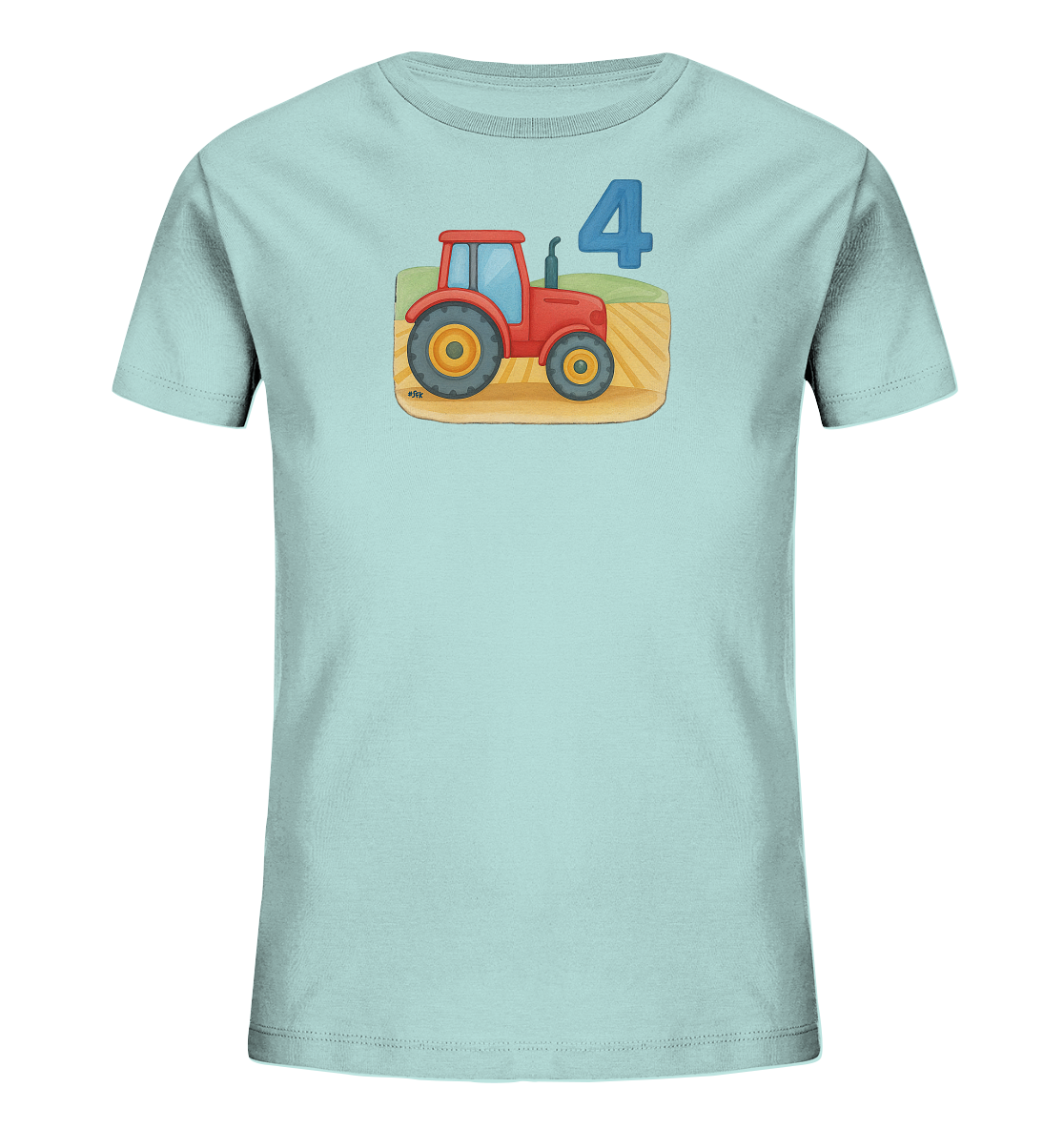 Onlineshop Shirts fuer Kinder - Das Bild zeigt ein hellblaues Kinder-T-Shirt mit einem farbenfrohen Motiv. Im Zentrum ist ein roter Traktor auf einem Feldabschnitt abgebildet. Über dem Traktor ist deutlich die Zahl '4' in blau zu sehen. Das Design wirkt verspielt und ansprechend.