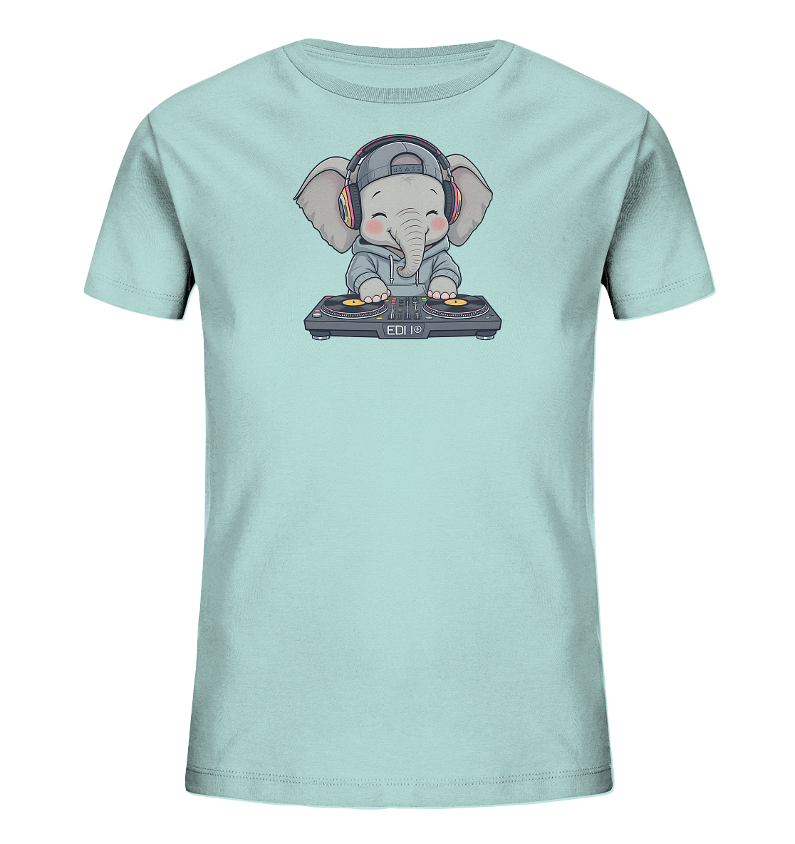 Onlineshop Shirts fuer Kinder - Das hellblaue T-Shirt zeigt einen niedlichen Cartoon-Elefanten, der als DJ dargestellt ist. Der Elefant traegt einen grauen Hoodie, eine Cap und bunte Kopfhoerer, waehrend er an einem Mischpult steht. Dieses verspielte Design verleiht dem Shirt einen modernen und froehlichen Charakter, ideal fuer Kinder.