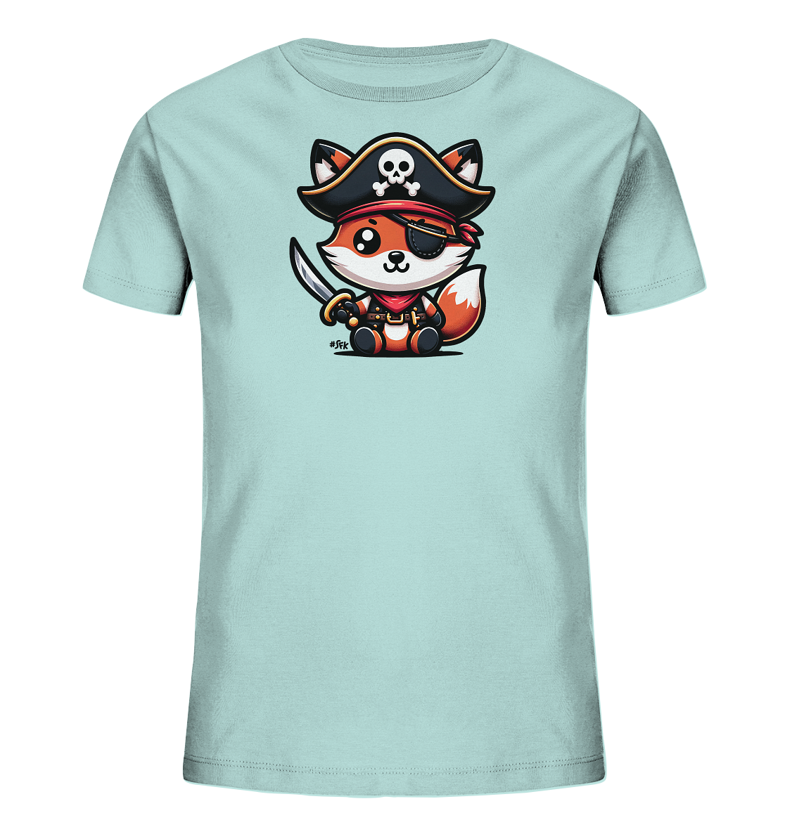 Onlineshop Shirts fuer Kinder - Das Bild zeigt ein hellblaues T-Shirt fuer Kinder mit einem niedlichen Druck. Darauf ist ein cartoonartiger Fuchs abgebildet, der als Pirat verkleidet ist. Der Fuchs traegt einen schwarzen Piratenhut mit Totenkopfmotiv, eine Augenklappe und haelt einen kleinen Saebel. Dieses verspielte Design ist ideal fuer kleine Abenteurer.